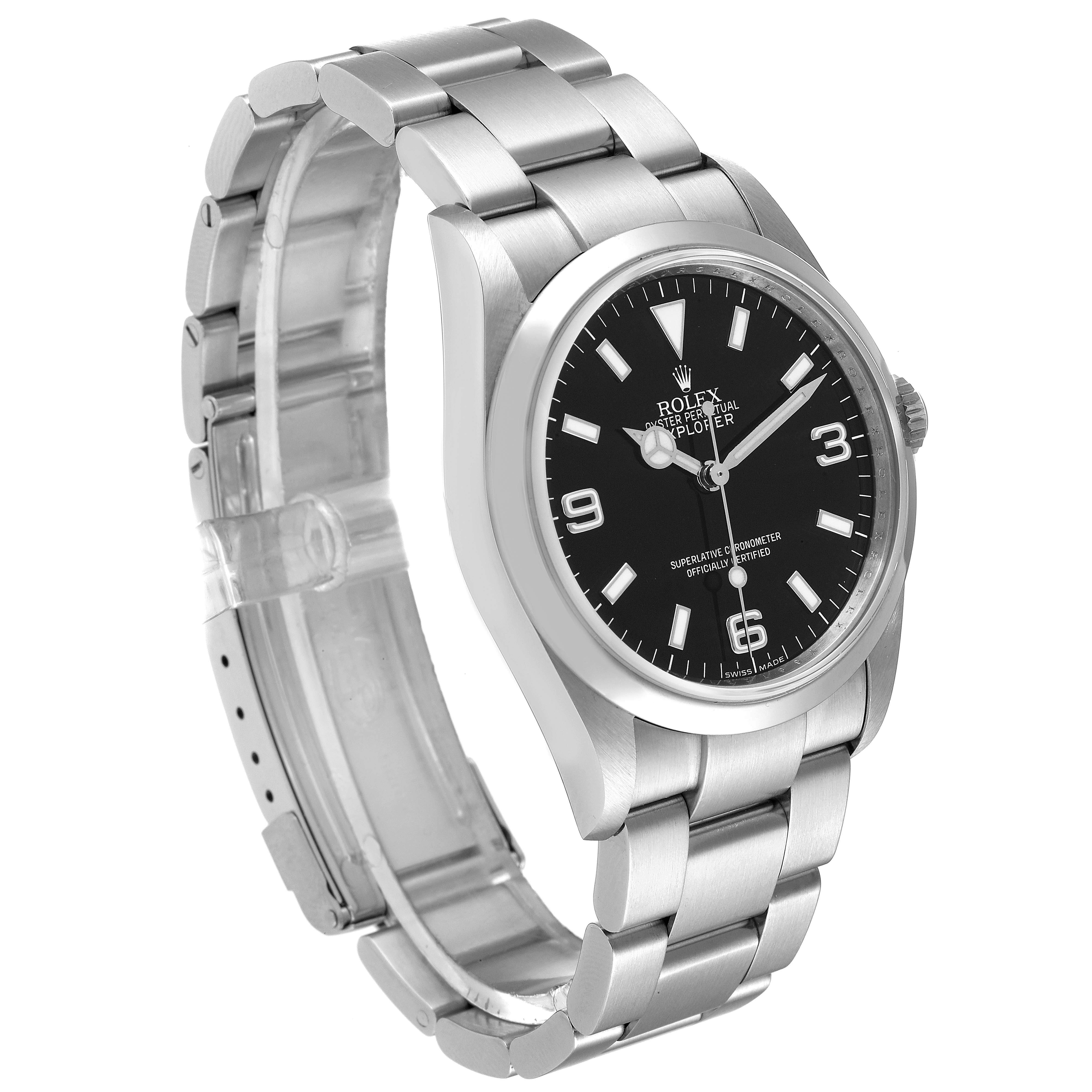 The image shows a Rolex Explorer 114270 Men
s Stainless Steel Black Dial 114270 Men
s Stainless Steel Black Dial watch at an angle highlighting its face, bezel, and stainless steel bracelet.