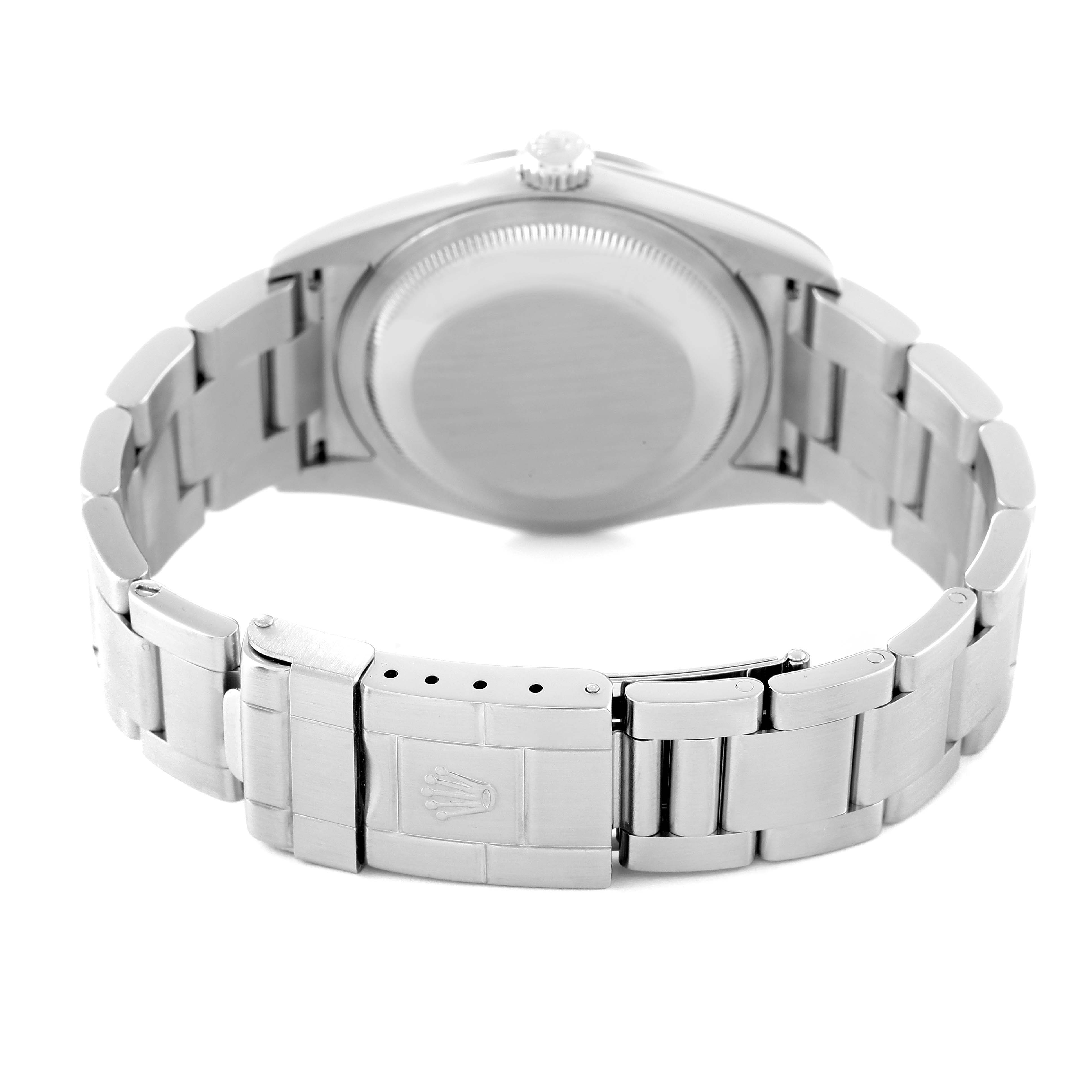 The image shows the back view of a Rolex Explorer 114270 Men
s Stainless Steel Black Dial 114270 Men
s Stainless Steel Black Dial watch, including the bracelet and clasp.