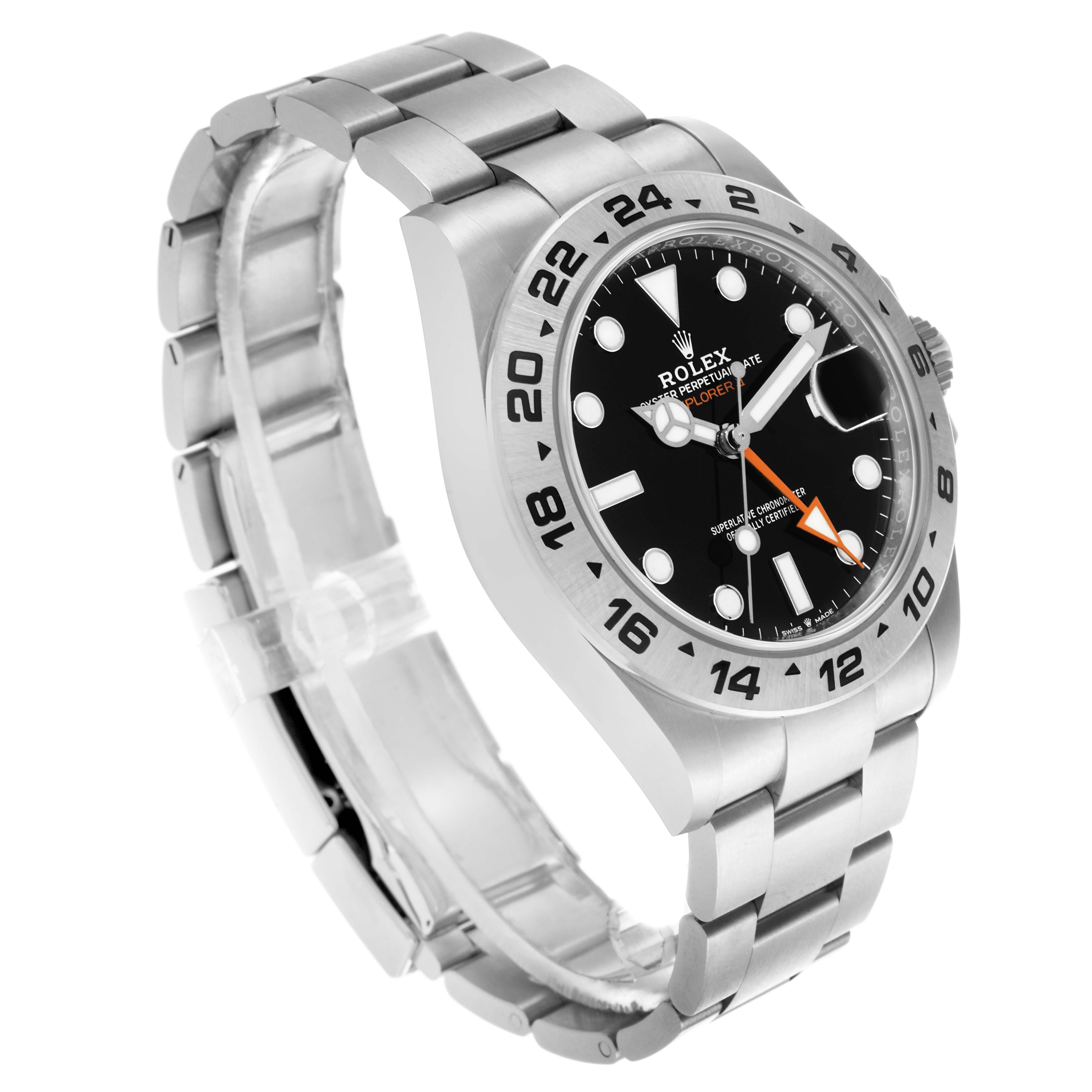 The Rolex Explorer M226570-0002 Men's Stainless Steel Black Dial M226570-0002 Men's Stainless Steel Black Dial watch is shown at an angled view, highlighting the case, bezel, dial, hands, and bracelet.