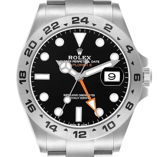 The Rolex Explorer II watch is shown from a front view, displaying the bezel, dial, hands, and date window.