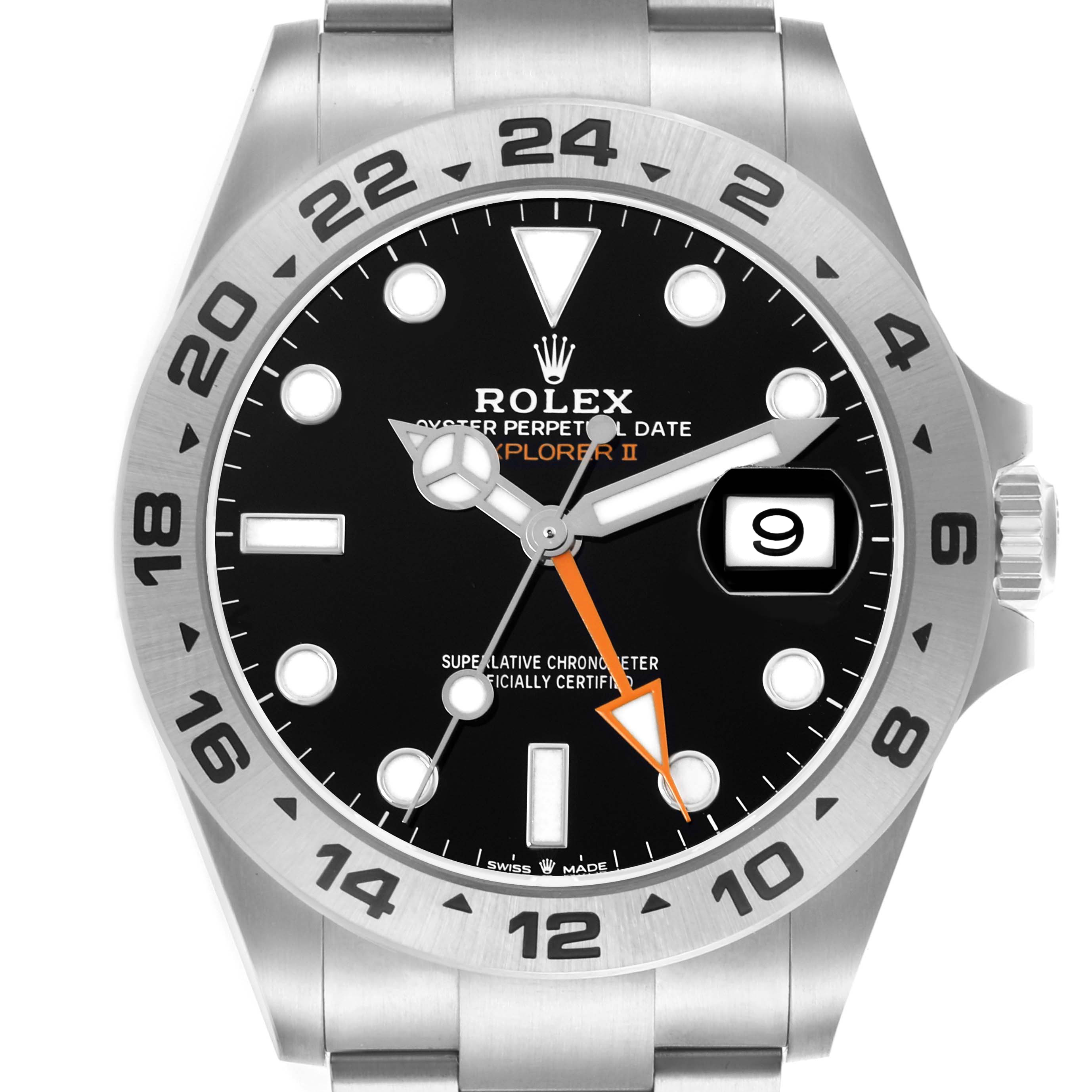 The Rolex Explorer M226570-0002 Men's Stainless Steel Black Dial M226570-0002 Men's Stainless Steel Black Dial watch is shown from a front angle, highlighting its face, bezel, hands, and date magnifier.