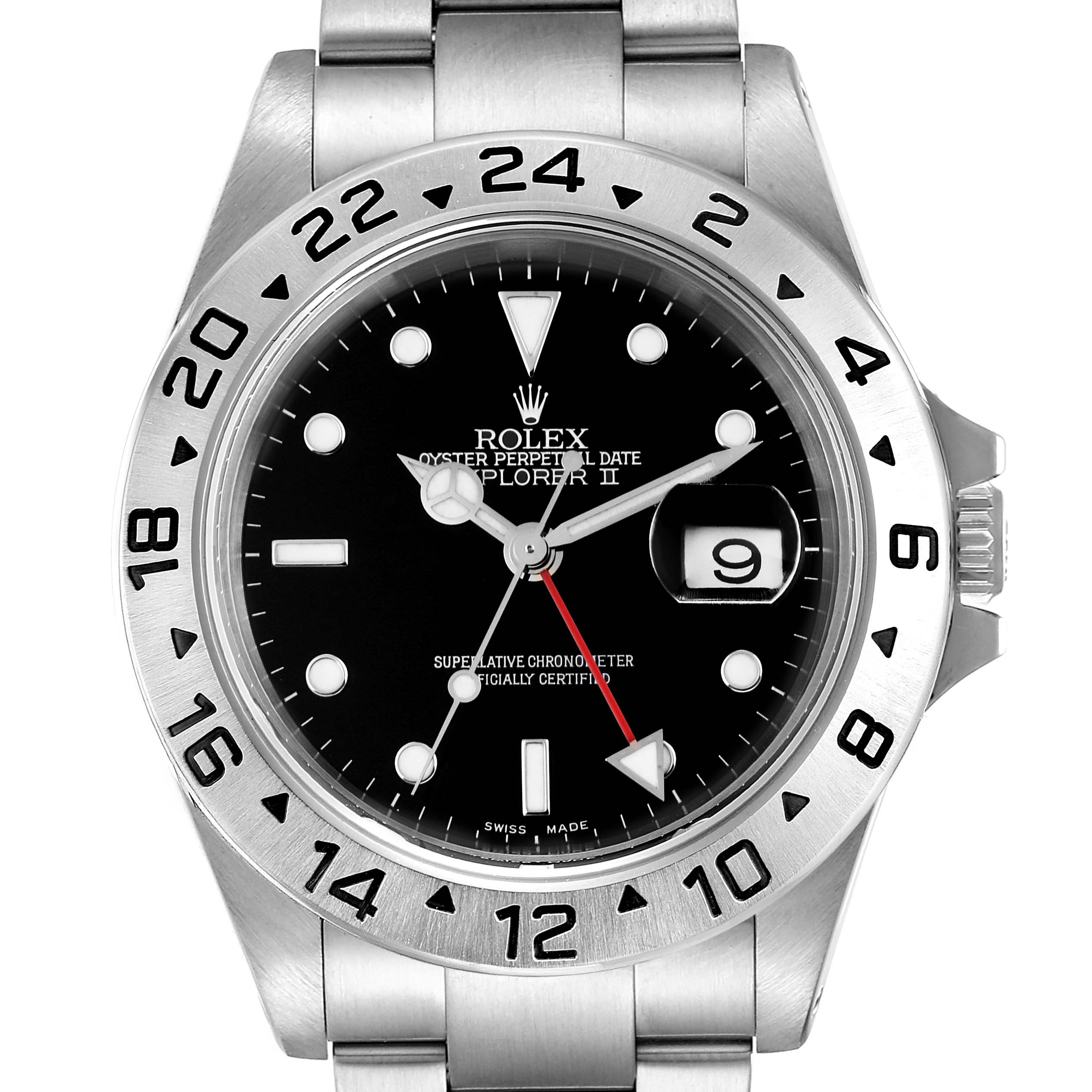 The image shows a frontal view of a Rolex Explorer 16570 Men's Stainless Steel Black Dial 16570 Men's Stainless Steel Black Dial watch, highlighting its black dial, bezel, and stainless steel bracelet.