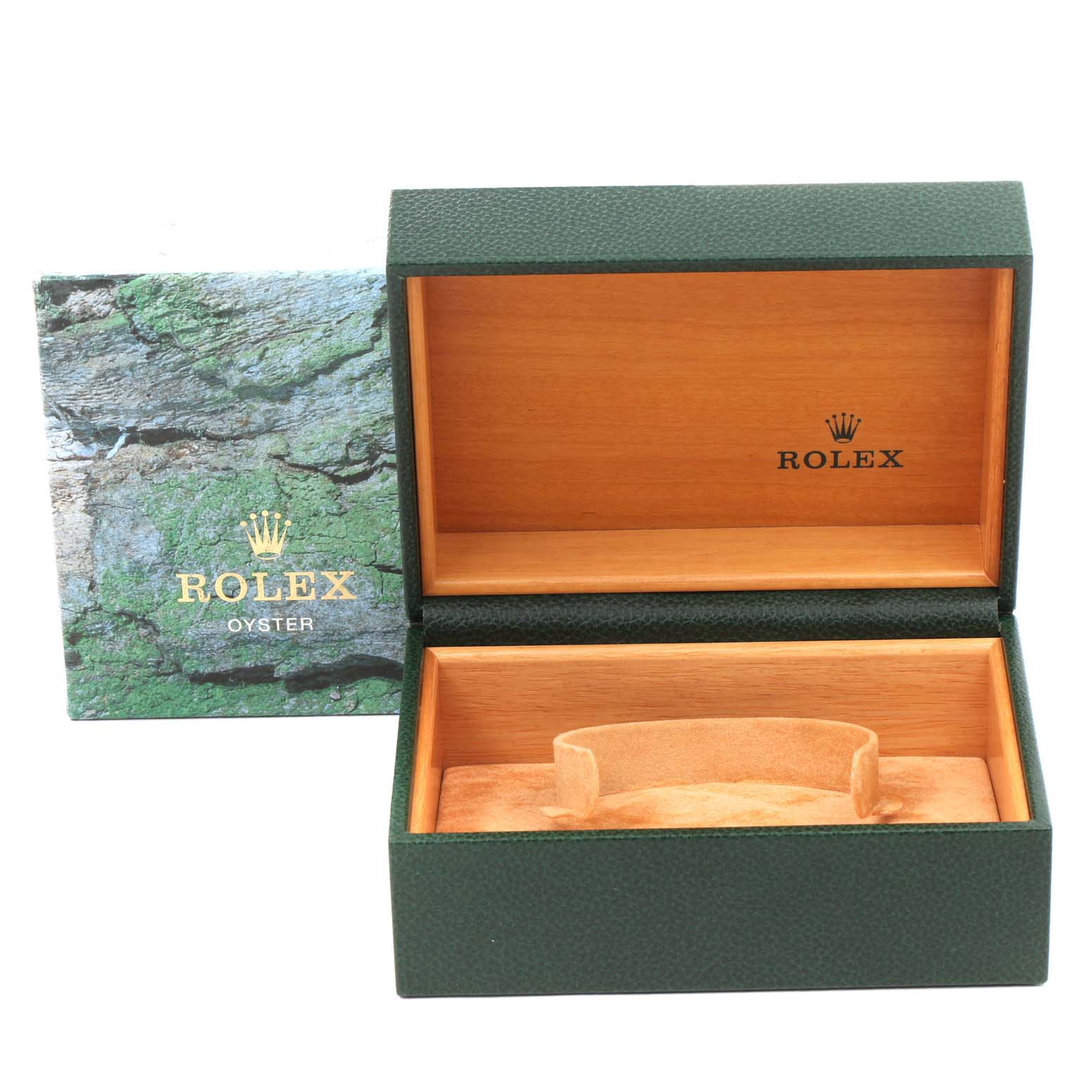 The image shows a Rolex Explorer 16570 Men's Stainless Steel Black Dial 16570 Men's Stainless Steel Black Dial model watch box and green outer packaging from a front angle.