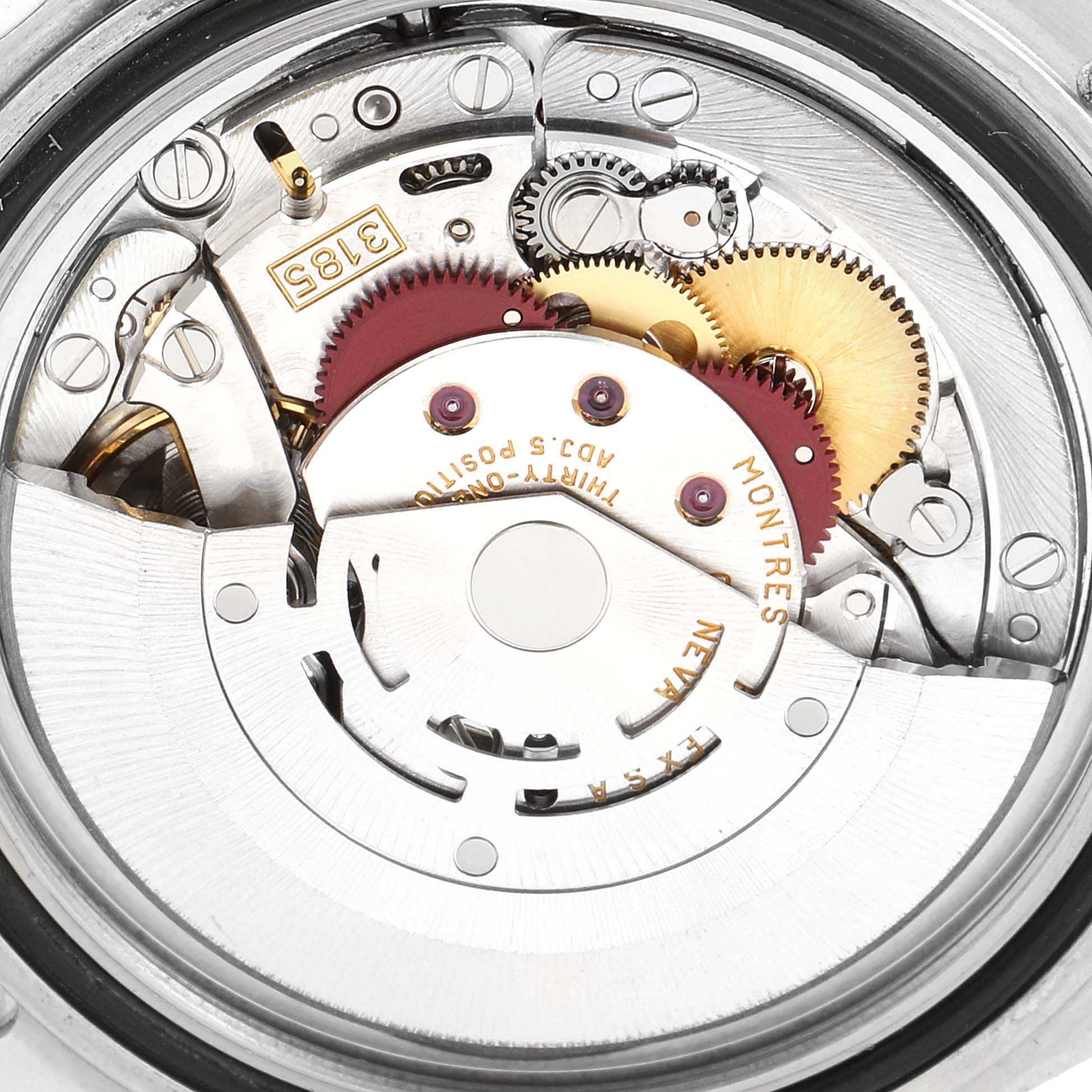 The image shows the internal mechanism of the Rolex Explorer 16570 Men's Stainless Steel Black Dial 16570 Men's Stainless Steel Black Dial model watch, highlighting its gears and movement components.