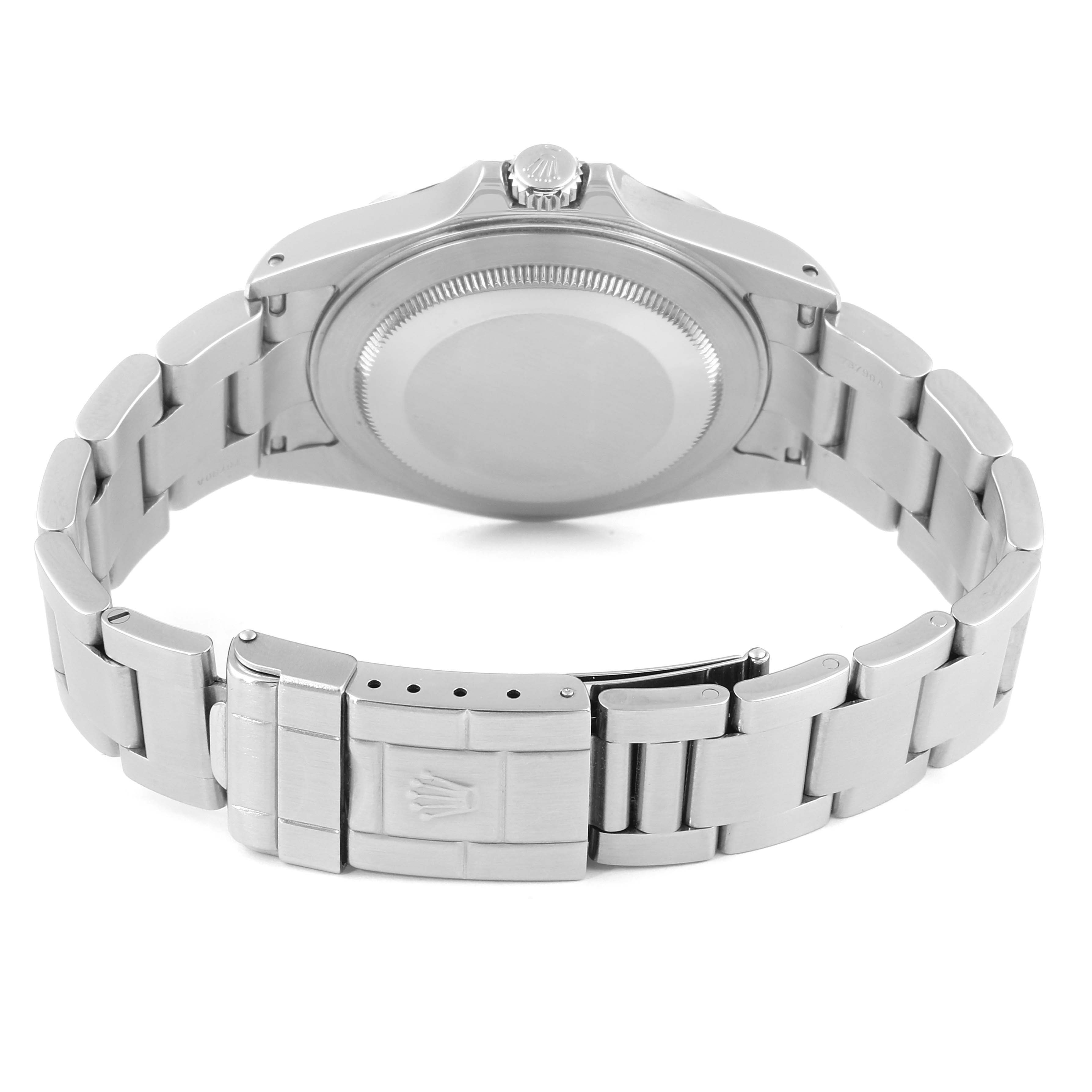 The image shows the back case and bracelet of a Rolex Explorer 16570 Men's Stainless Steel Black Dial 16570 Men's Stainless Steel Black Dial watch, viewed from the rear.