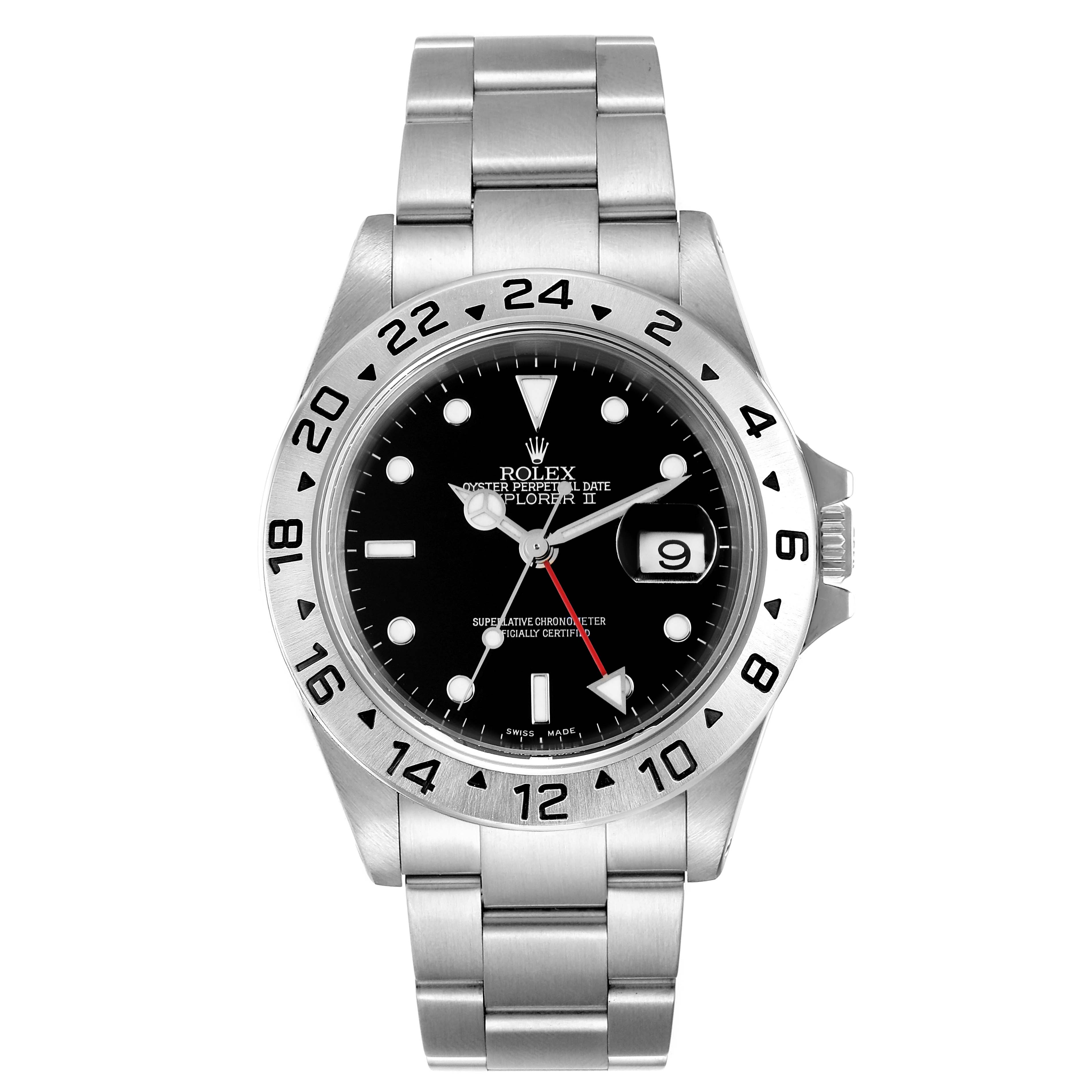 The image shows a front view of a Rolex Explorer 16570 Men's Stainless Steel Black Dial 16570 Men's Stainless Steel Black Dial watch, highlighting its bezel, dial, hands, and bracelet.