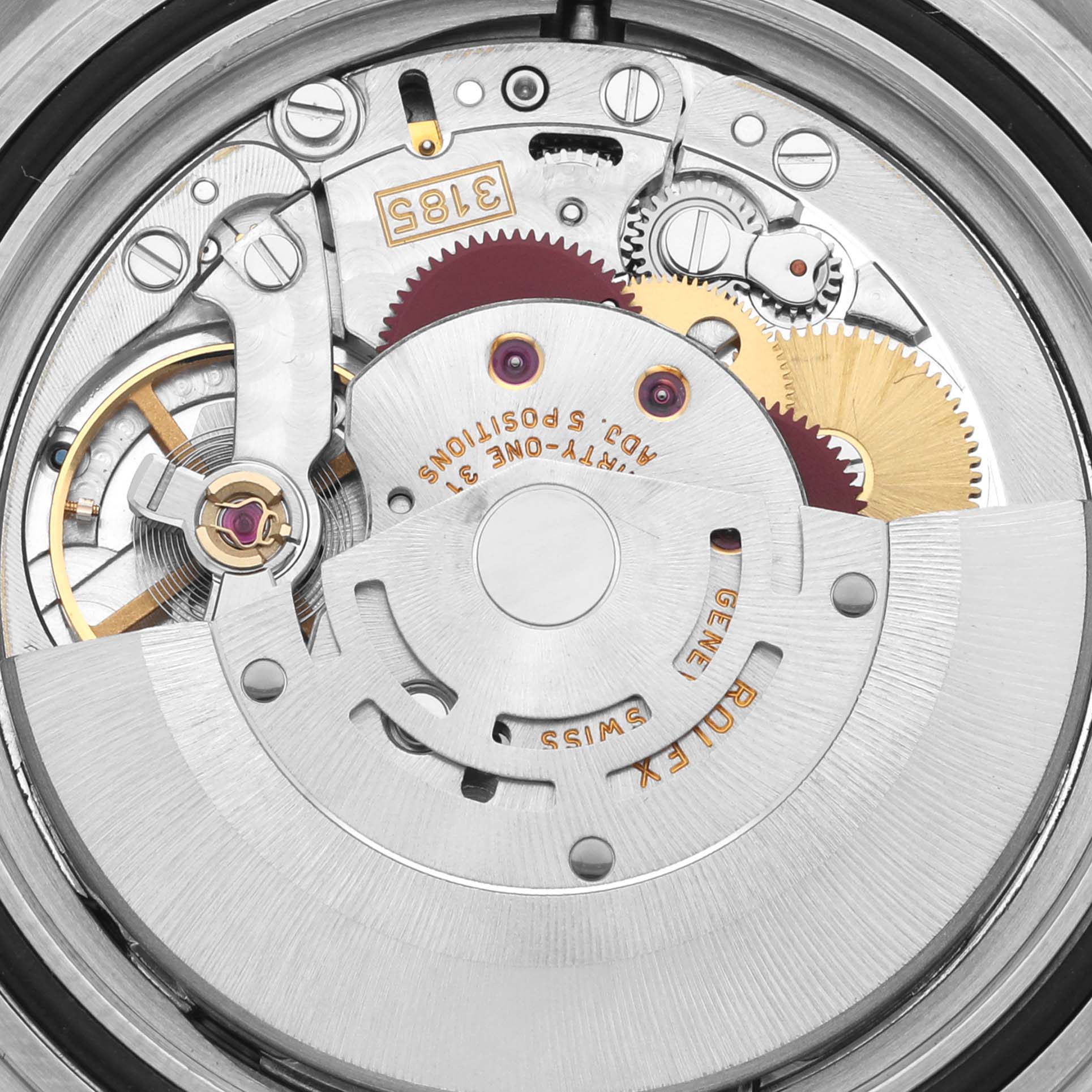 This image shows the movement mechanism of the Rolex Explorer 16570 Men's Stainless Steel White Dial 16570 Men's Stainless Steel White Dial watch with gears and inscriptions visible.