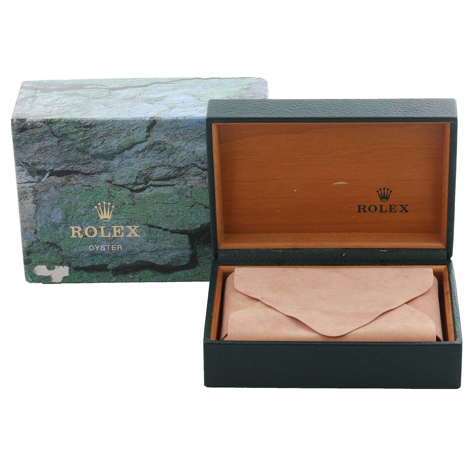 The image shows a Rolex Explorer 16570 Men's Stainless Steel White Dial 16570 Men's Stainless Steel White Dial watch box and its outer packaging at a front angle, with the box open and empty.