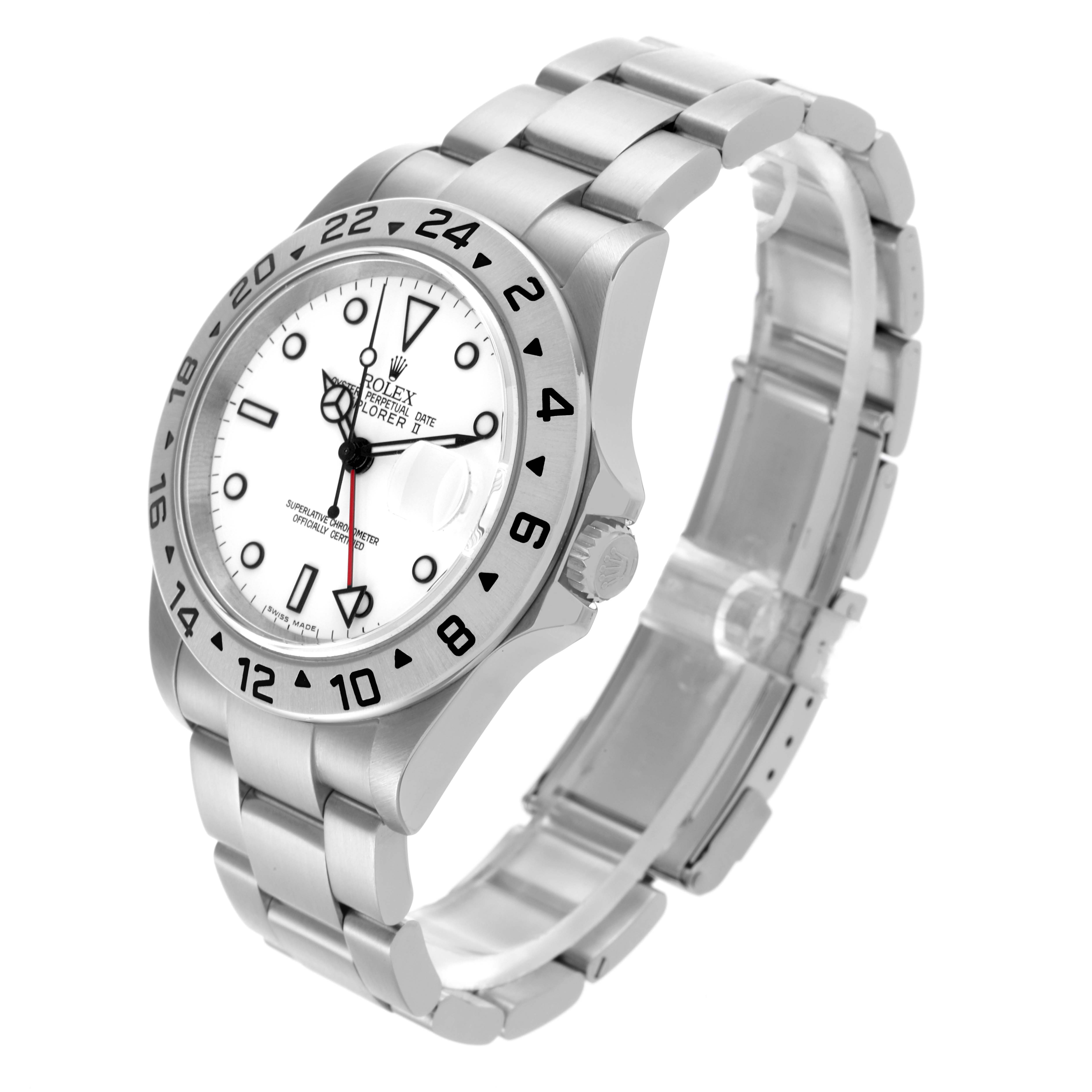 The Rolex Explorer 16570 Men's Stainless Steel White Dial 16570 Men's Stainless Steel White Dial watch is shown at an angled view, displaying the face, bezel, crown, and bracelet.