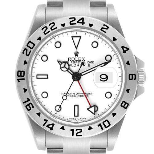 The Rolex Explorer model is shown from a front angle, displaying the dial, hands, bezel, and part of the bracelet.