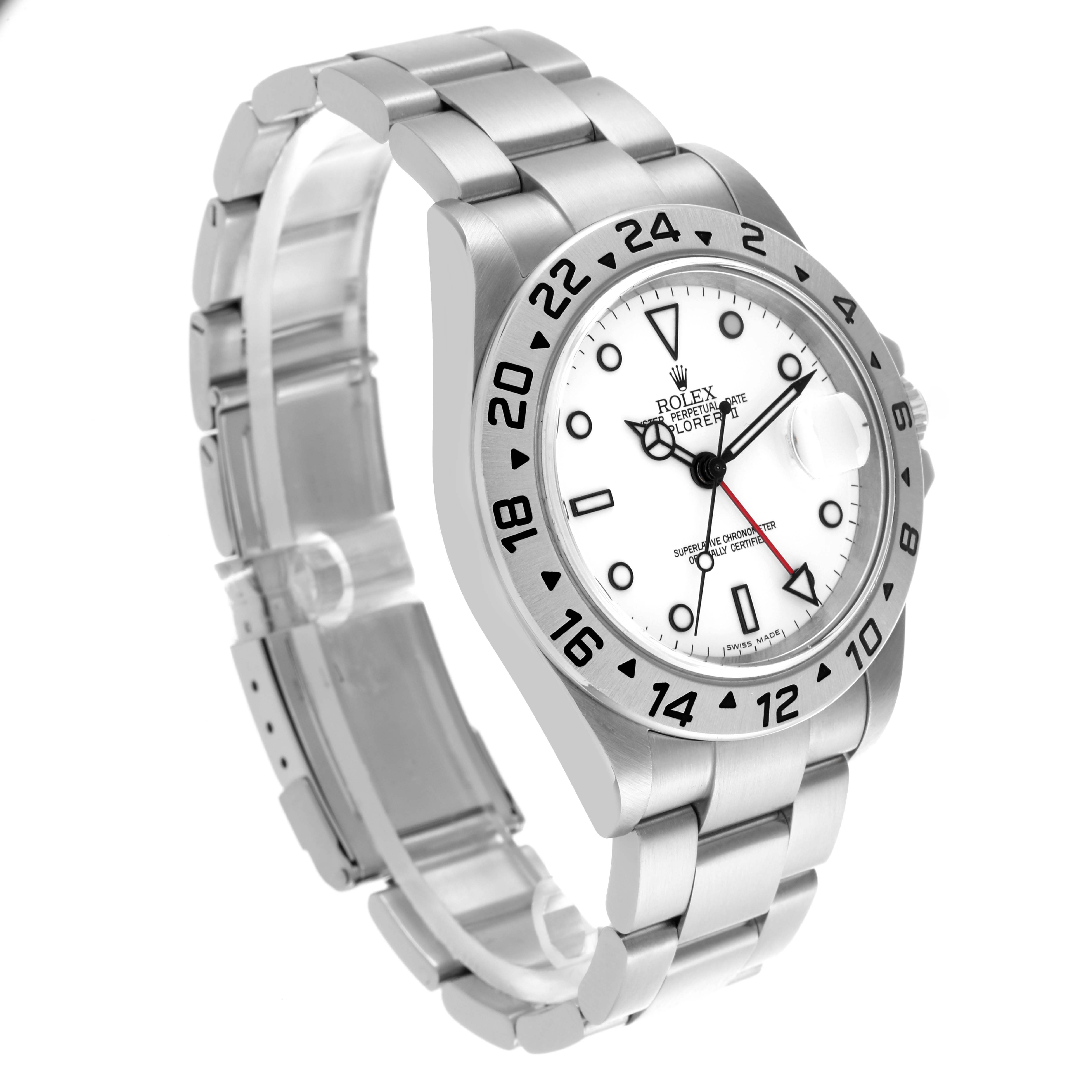The Rolex Explorer 16570 Men's Stainless Steel White Dial 16570 Men's Stainless Steel White Dial watch is shown at a three-quarter angle, highlighting the bezel, dial, and bracelet.