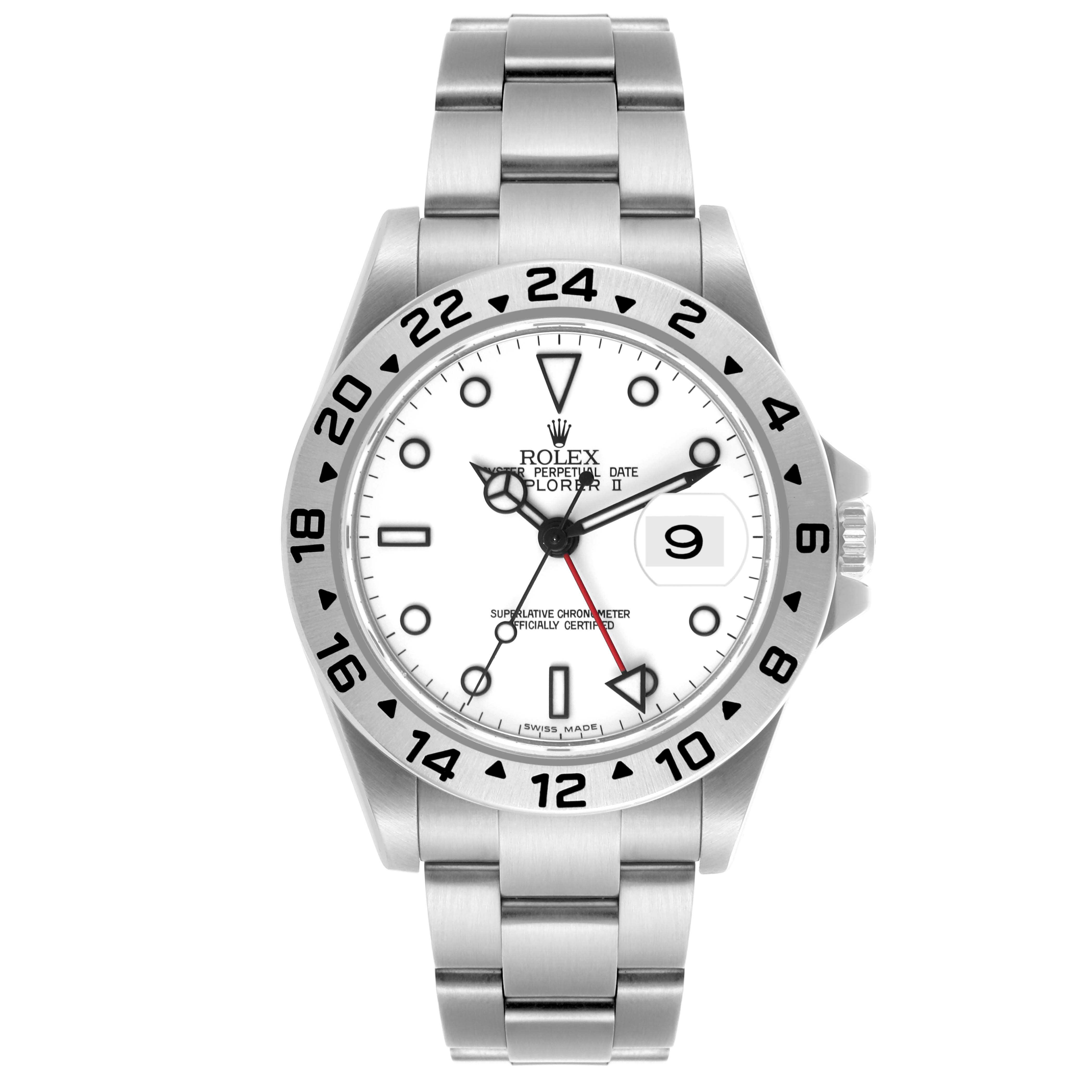 The Rolex Explorer 16570 Men's Stainless Steel White Dial 16570 Men's Stainless Steel White Dial model watch is shown from a front angle, displaying the case, bezel, bracelet, and dial.