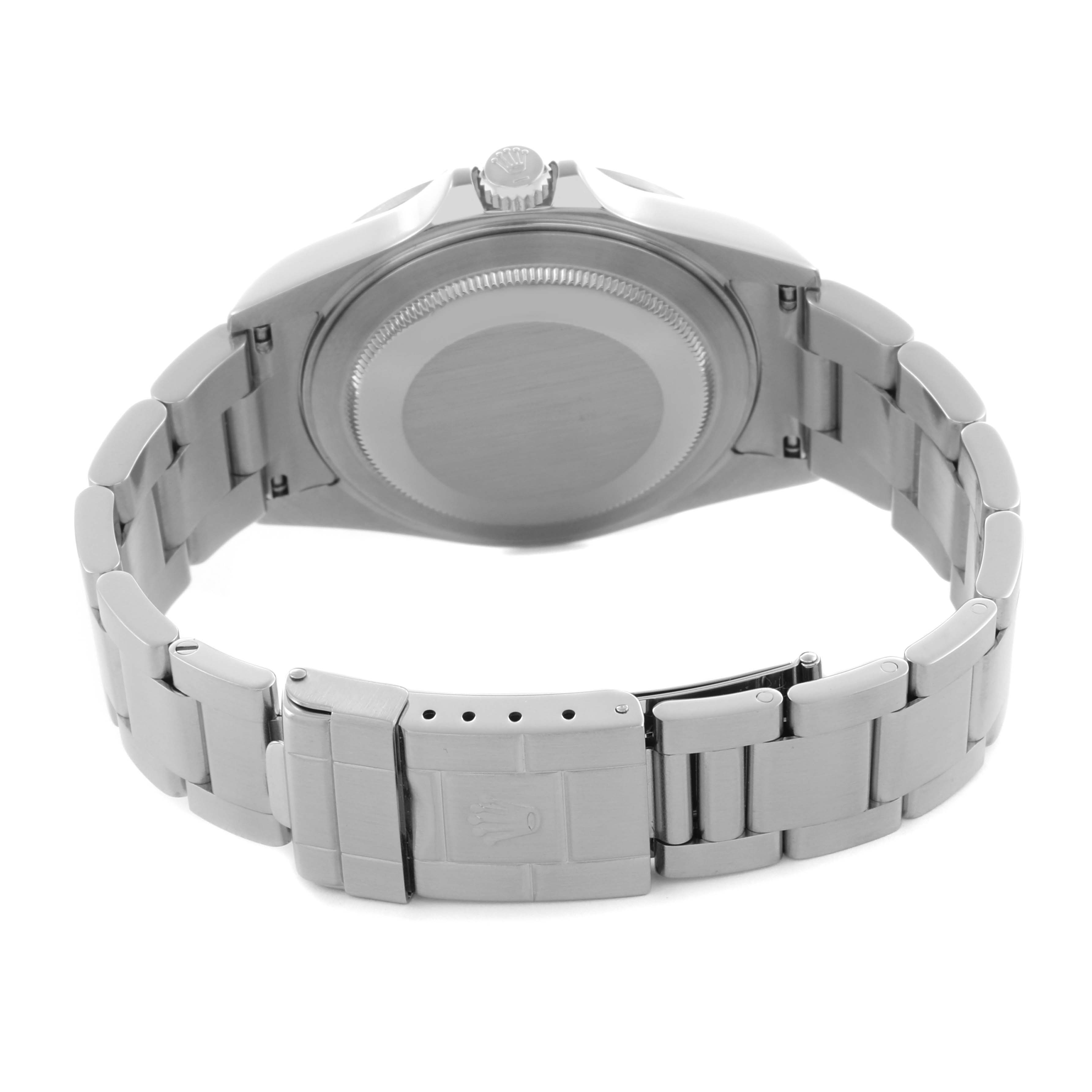 The image shows the back of the Rolex Explorer 16570 Men's Stainless Steel White Dial 16570 Men's Stainless Steel White Dial watch, highlighting the bracelet, clasp, and caseback.