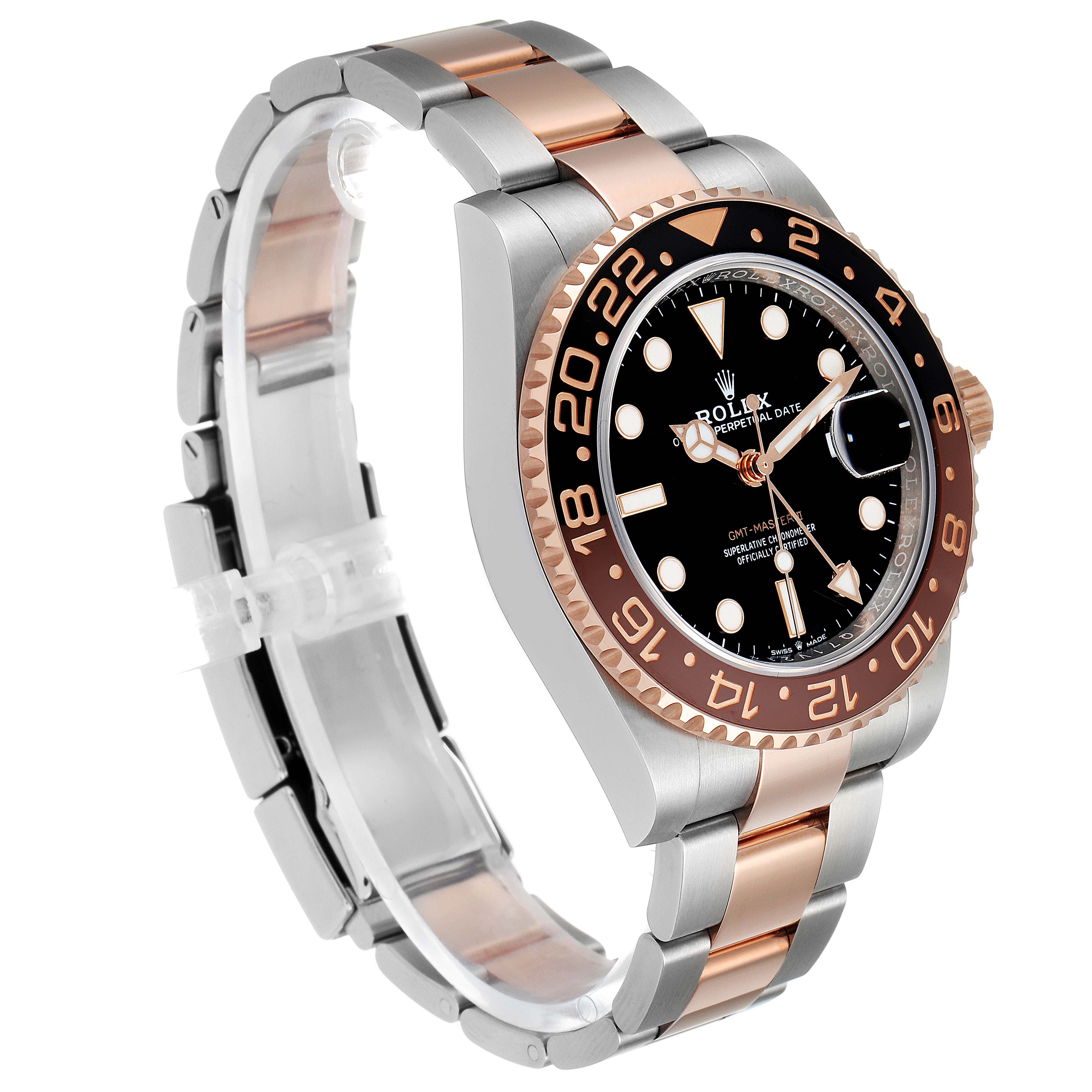 The image shows a side angle view of a Rolex GMT-Master 126711 Men
s Rose Gold Black Dial 126711 Men
s Rose Gold Black Dial watch, featuring the dial, bezel, crown, and bracelet of the timepiece.