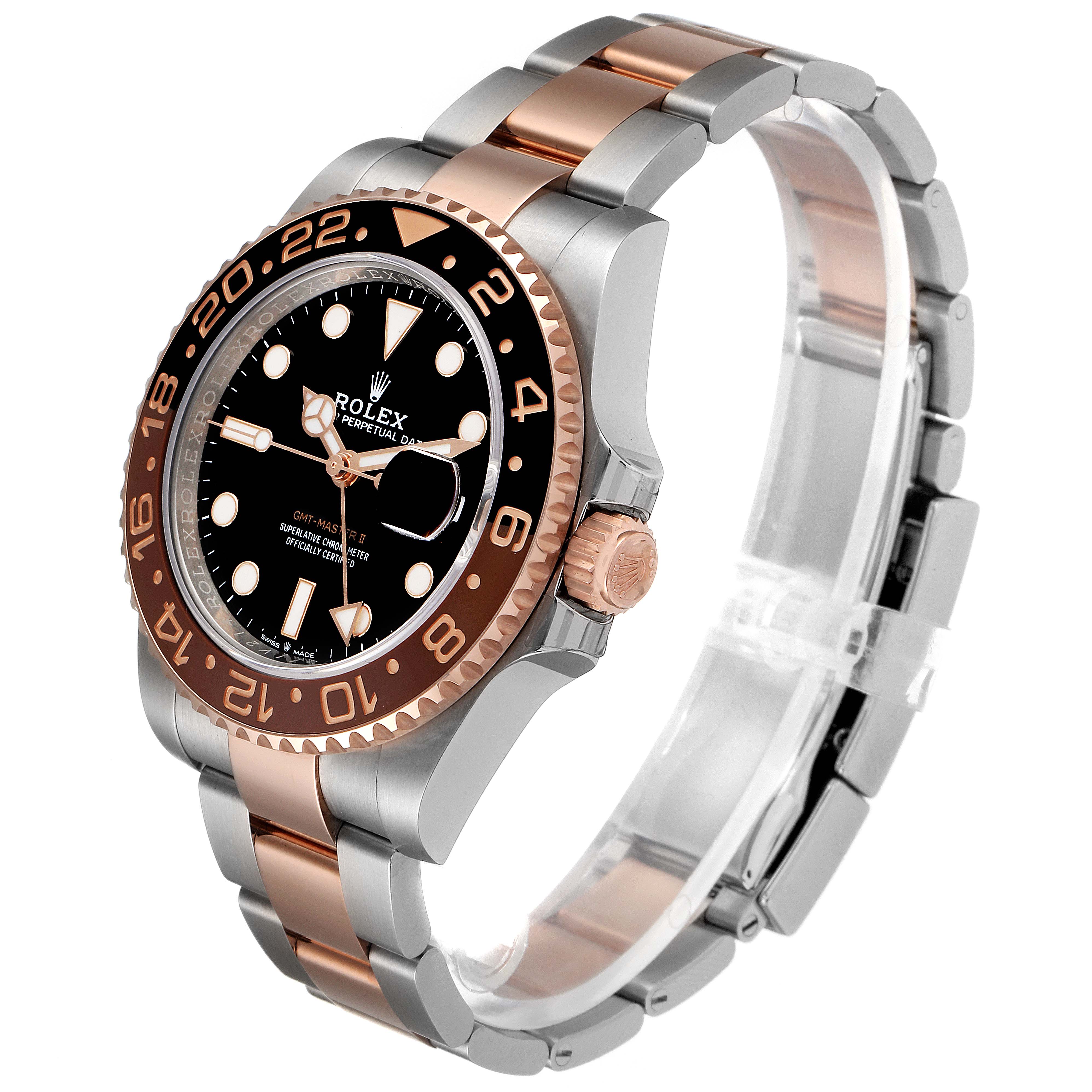 The image shows a side view of the Rolex GMT-Master 126711 Men
s Rose Gold Black Dial 126711 Men
s Rose Gold Black Dial watch, highlighting its bezel, dial, crown, and two-tone bracelet.
