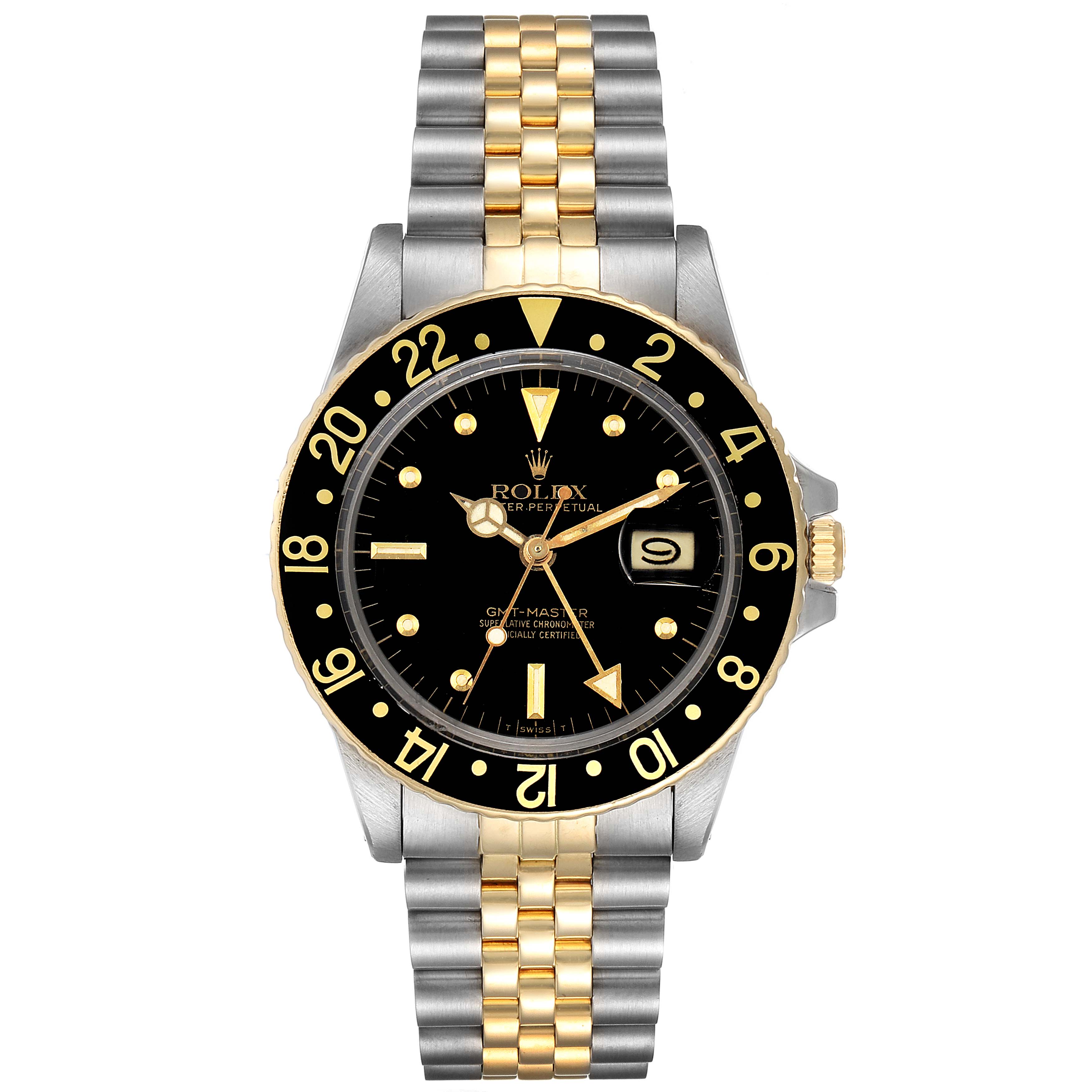 The image shows a front view of the Rolex Vintage Collection 16753 Men's Steel and Gold (two tone) Black Dial 16753 Men's Steel and Gold (two tone) Black Dial watch, highlighting its dual-tone bracelet, black dial, and gold accents.