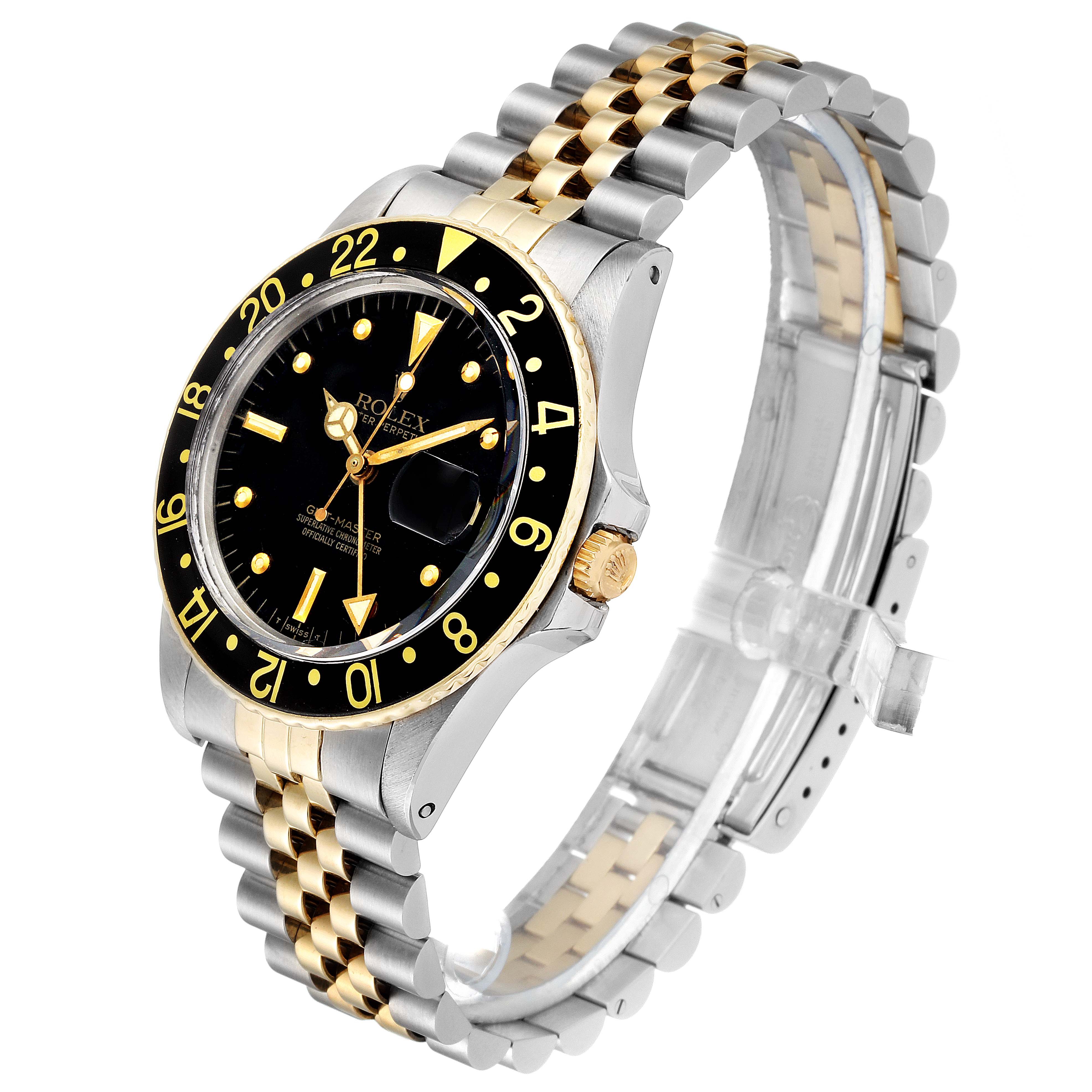 The Rolex Vintage Collection 16753 Men's Steel and Gold (two tone) Black Dial 16753 Men's Steel and Gold (two tone) Black Dial model is shown at a three-quarter angle, highlighting the black bezel, dial, and two-tone metal bracelet.