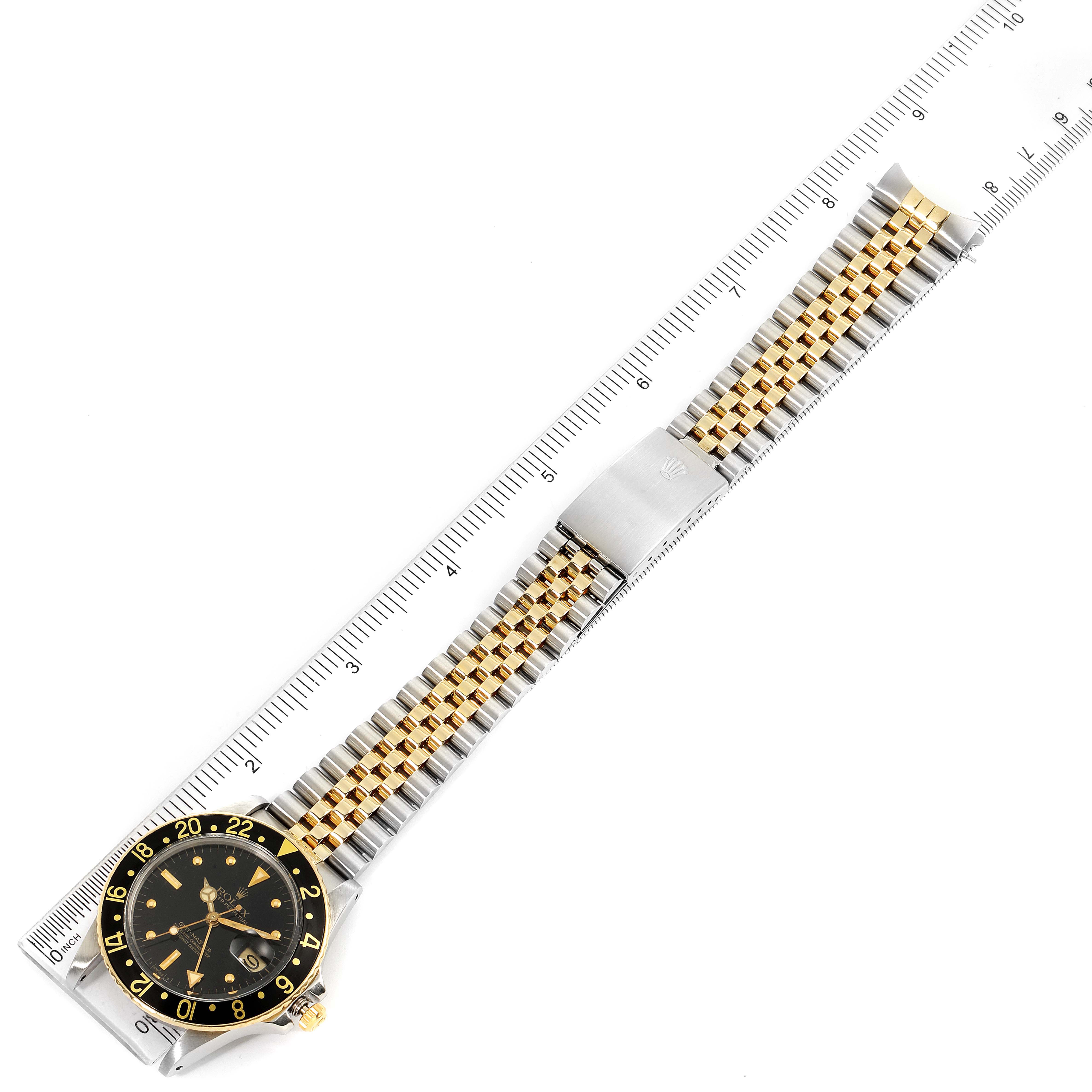 The Rolex Vintage Collection 16753 Men's Steel and Gold (two tone) Black Dial 16753 Men's Steel and Gold (two tone) Black Dial watch is shown from an overhead angle, displaying the dial, bezel, and bracelet.