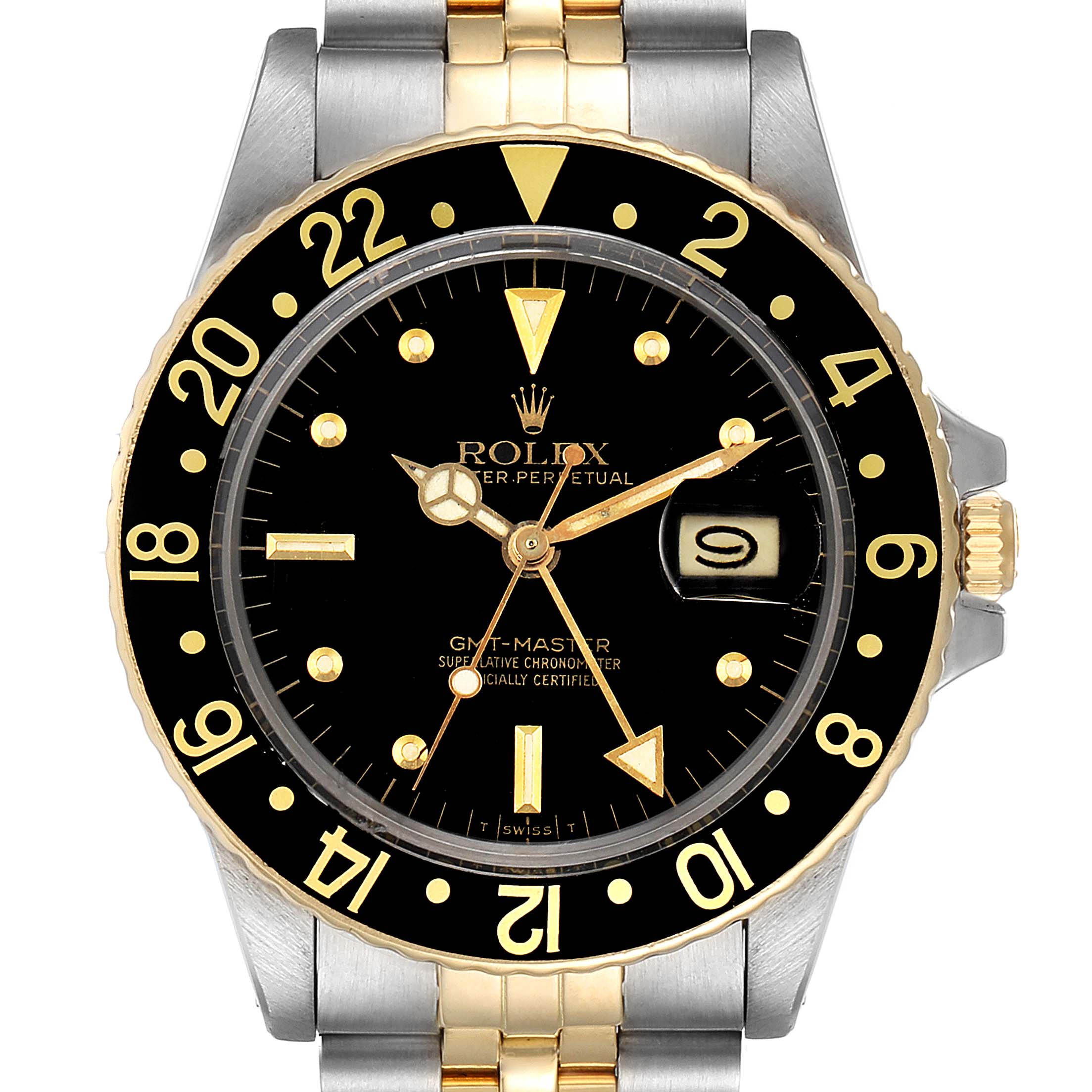 This is a front view of a Rolex Vintage Collection 16753 Men's Steel and Gold (two tone) Black Dial 16753 Men's Steel and Gold (two tone) Black Dial watch featuring a black dial, gold accents, and a two-tone metal band.