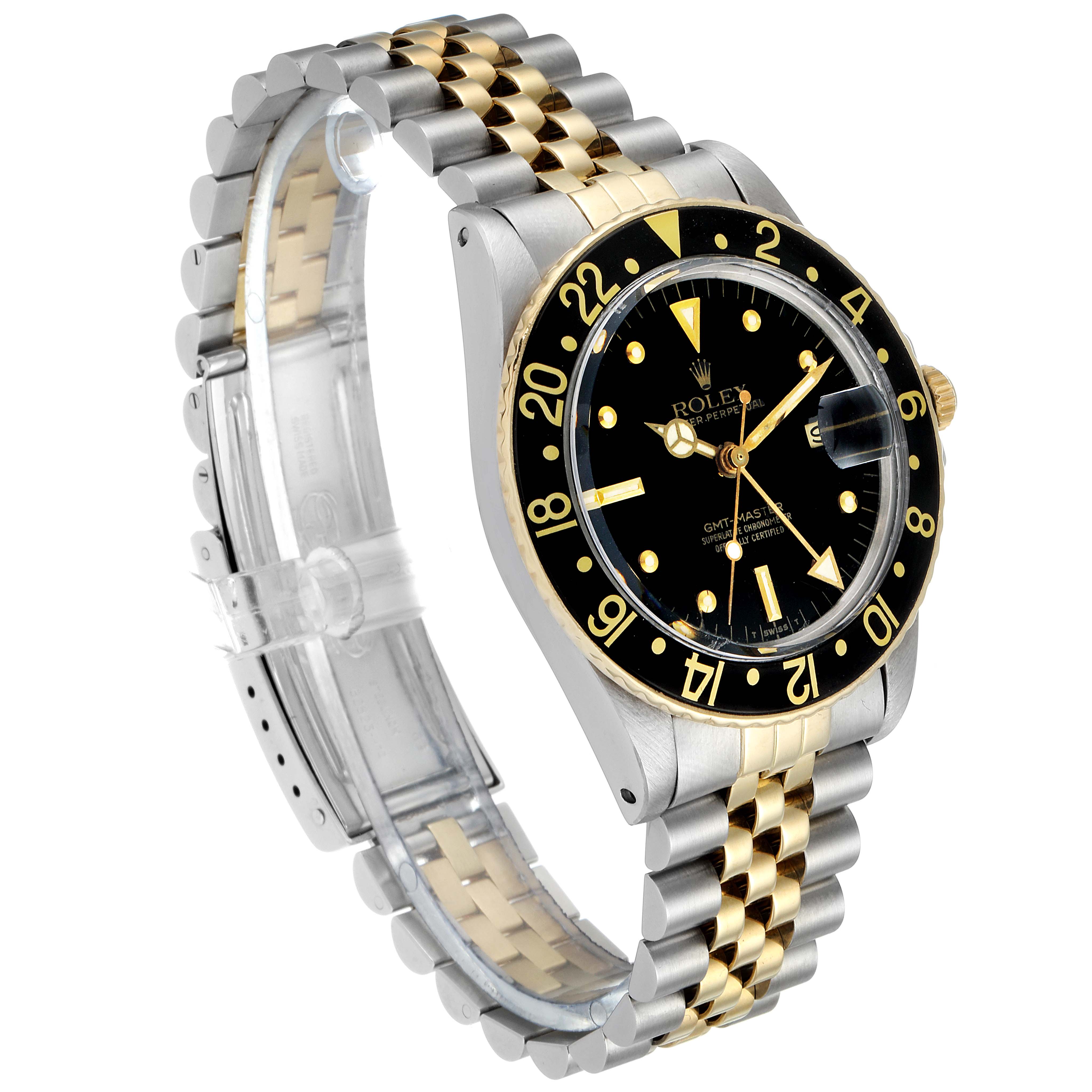 The Rolex Vintage Collection 16753 Men's Steel and Gold (two tone) Black Dial 16753 Men's Steel and Gold (two tone) Black Dial watch is shown at a three-quarter angle, highlighting its face, bezel, and two-tone bracelet.