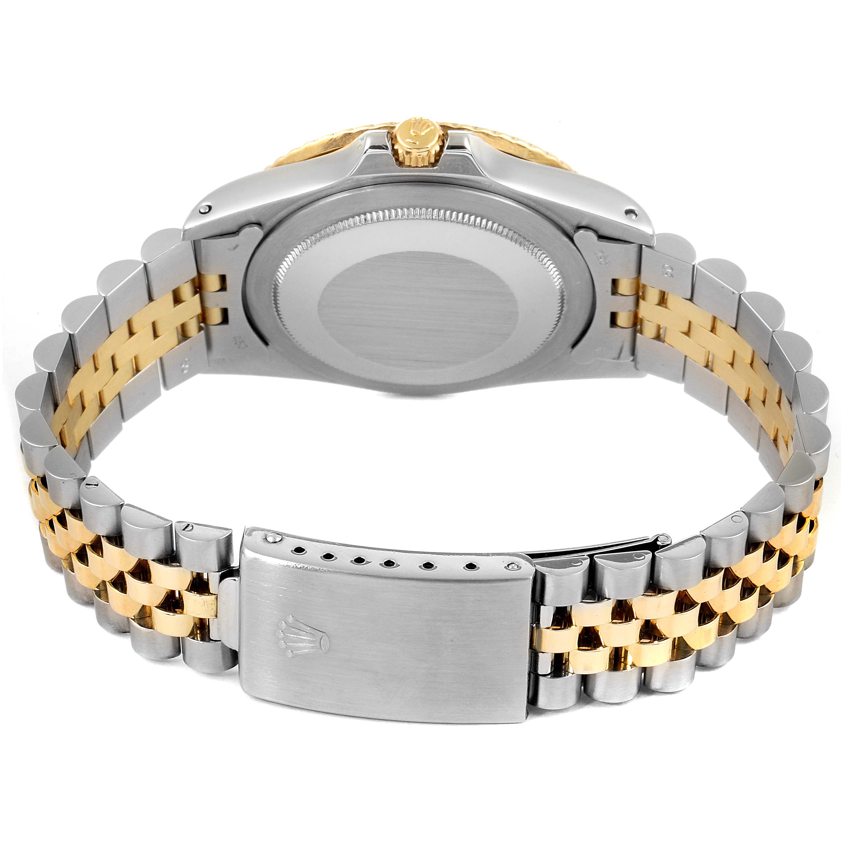 The image shows the back view of the Rolex Vintage Collection 16753 Men's Steel and Gold (two tone) Black Dial 16753 Men's Steel and Gold (two tone) Black Dial watch, highlighting the case back, crown, and two-tone metal bracelet.