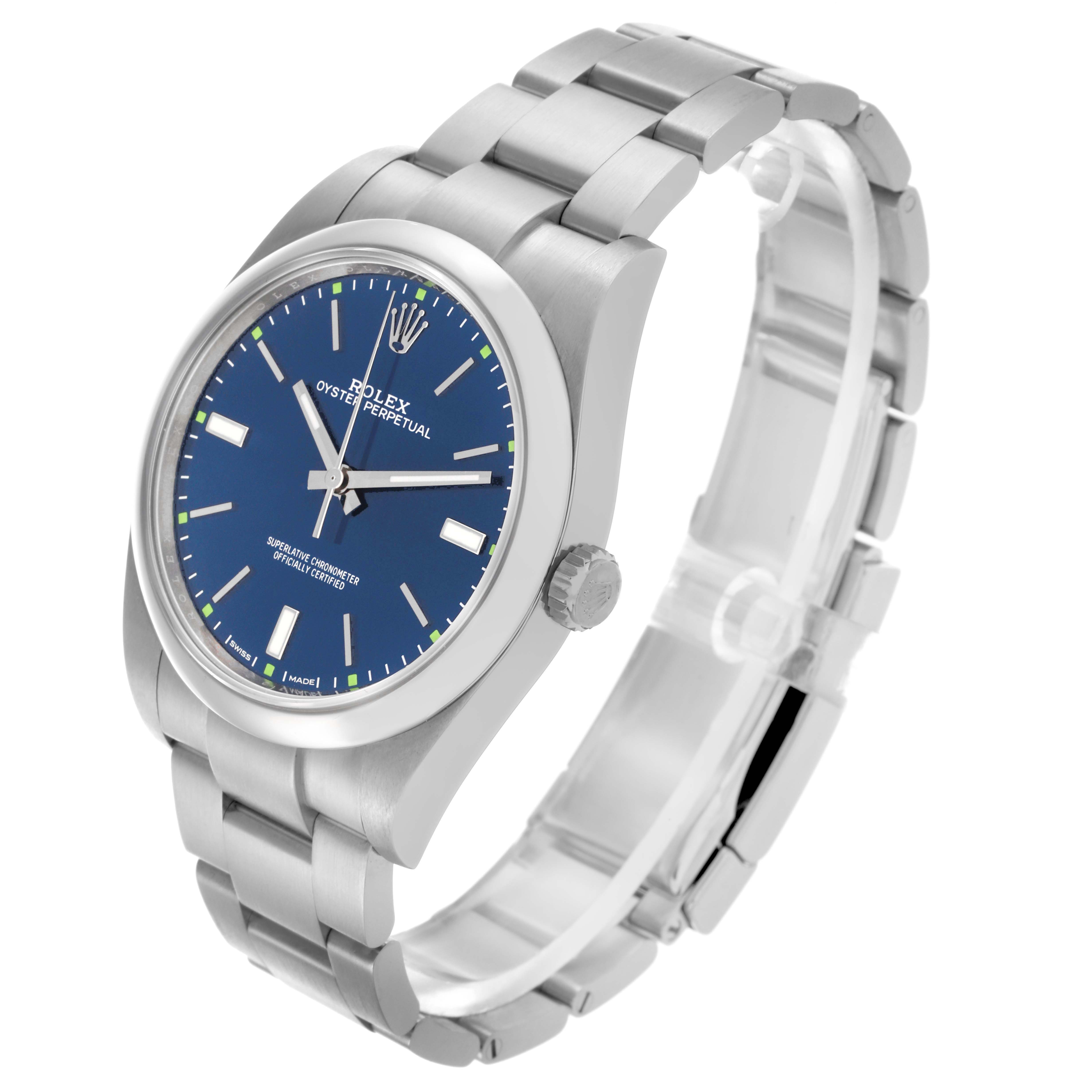 The Rolex Oyster Perpetual 114300 Men's Stainless Steel Blue Dial 114300 Men's Stainless Steel Blue Dial watch is shown at an angle displaying the face, bezel, case, and bracelet.