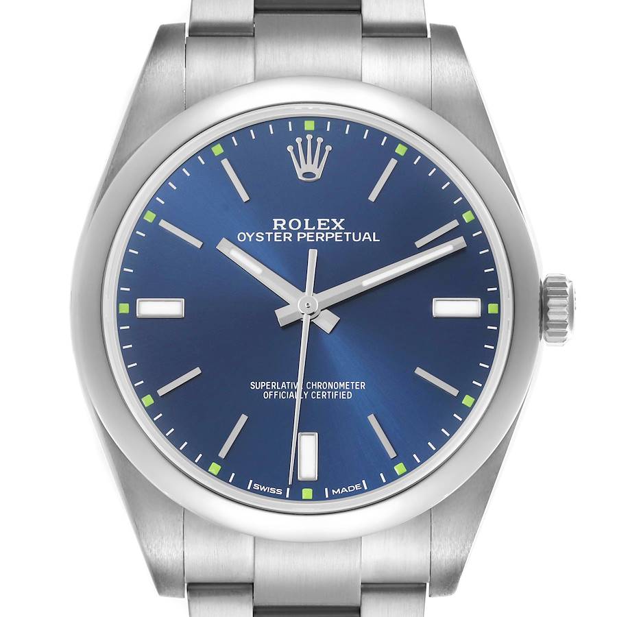 The Rolex Oyster Perpetual watch is shown from the front, highlighting its blue dial, hour markers, and stainless steel case.