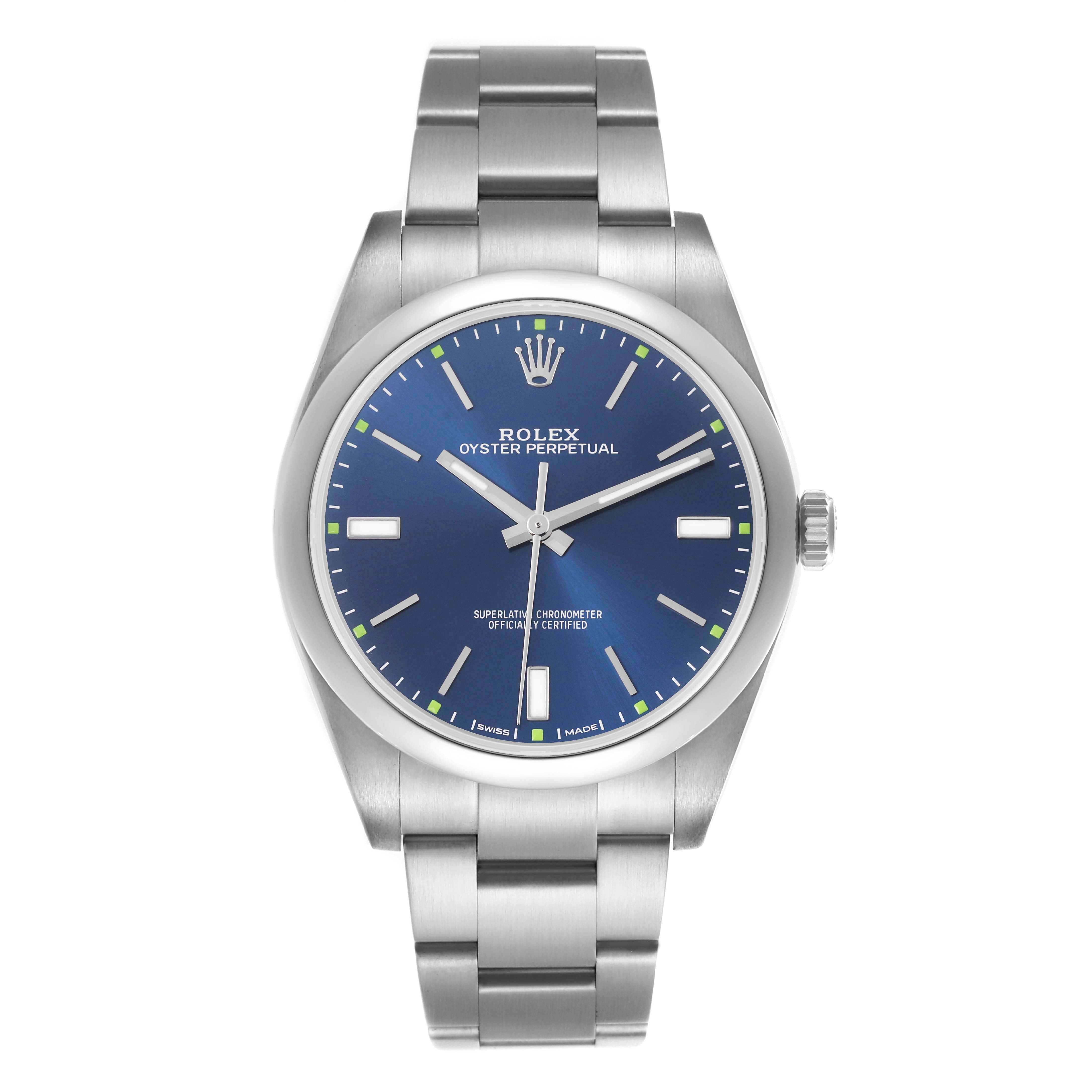 The Rolex Oyster Perpetual 114300 Men's Stainless Steel Blue Dial 114300 Men's Stainless Steel Blue Dial watch is shown from a front angle, displaying the face, case, and bracelet.