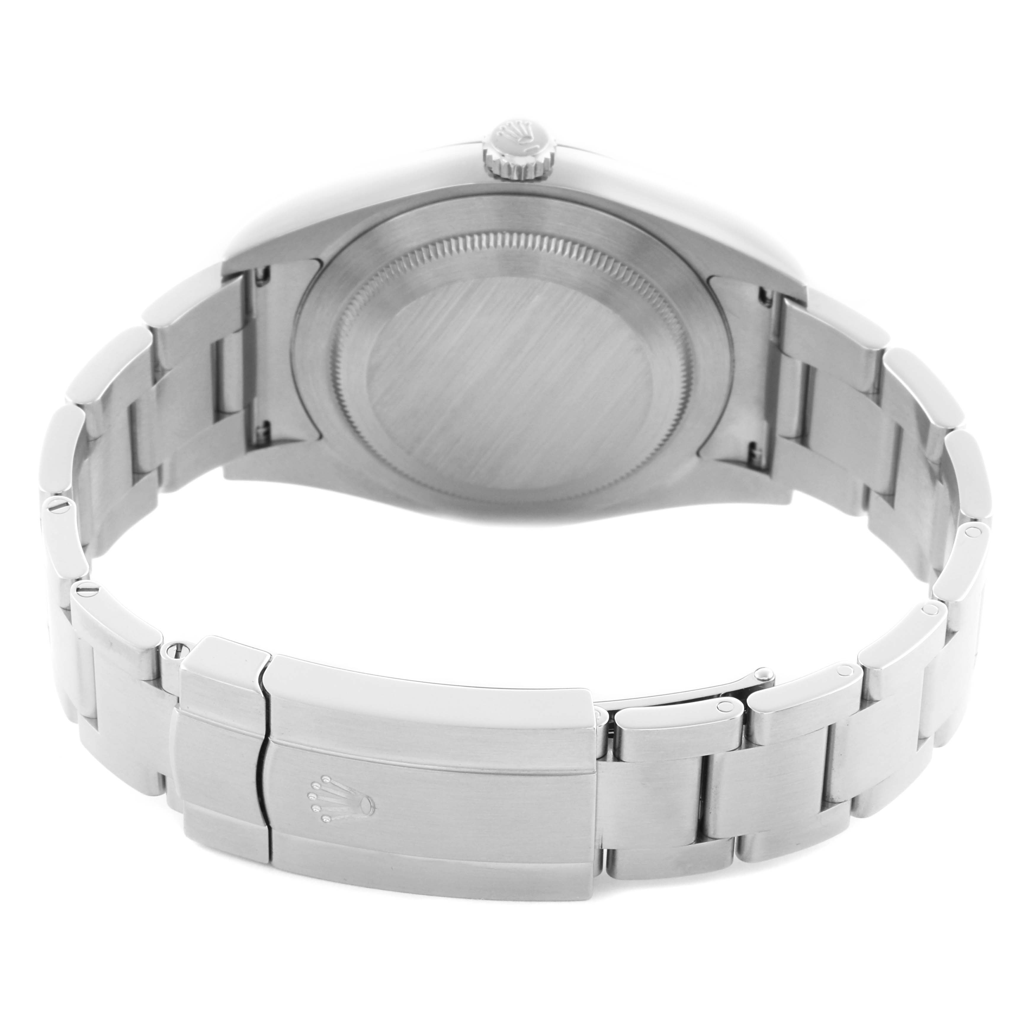 The image shows the back and clasp of a Rolex Oyster Perpetual 114300 Men's Stainless Steel Blue Dial 114300 Men's Stainless Steel Blue Dial, highlighting the bracelet and case back.