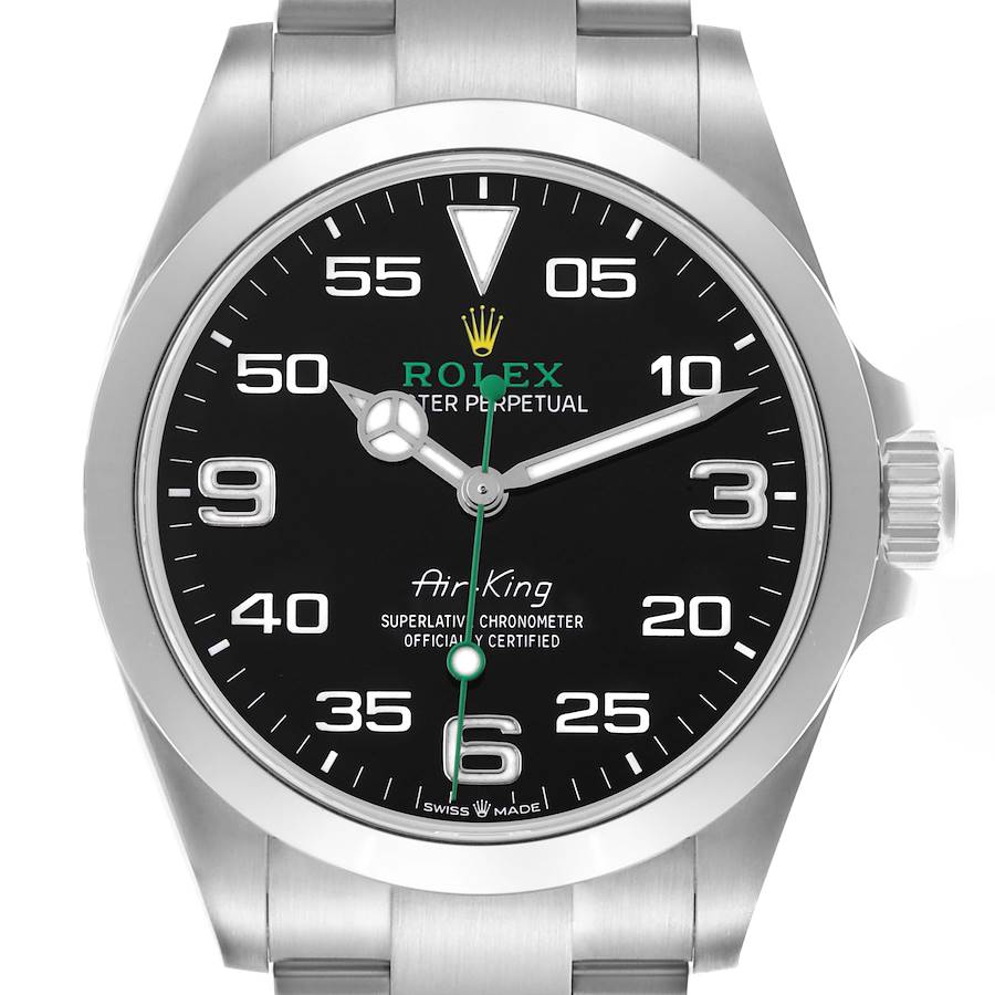 The Rolex Air-King watch is shown from a front angle, displaying the dial, bezel, crown, and part of the bracelet.