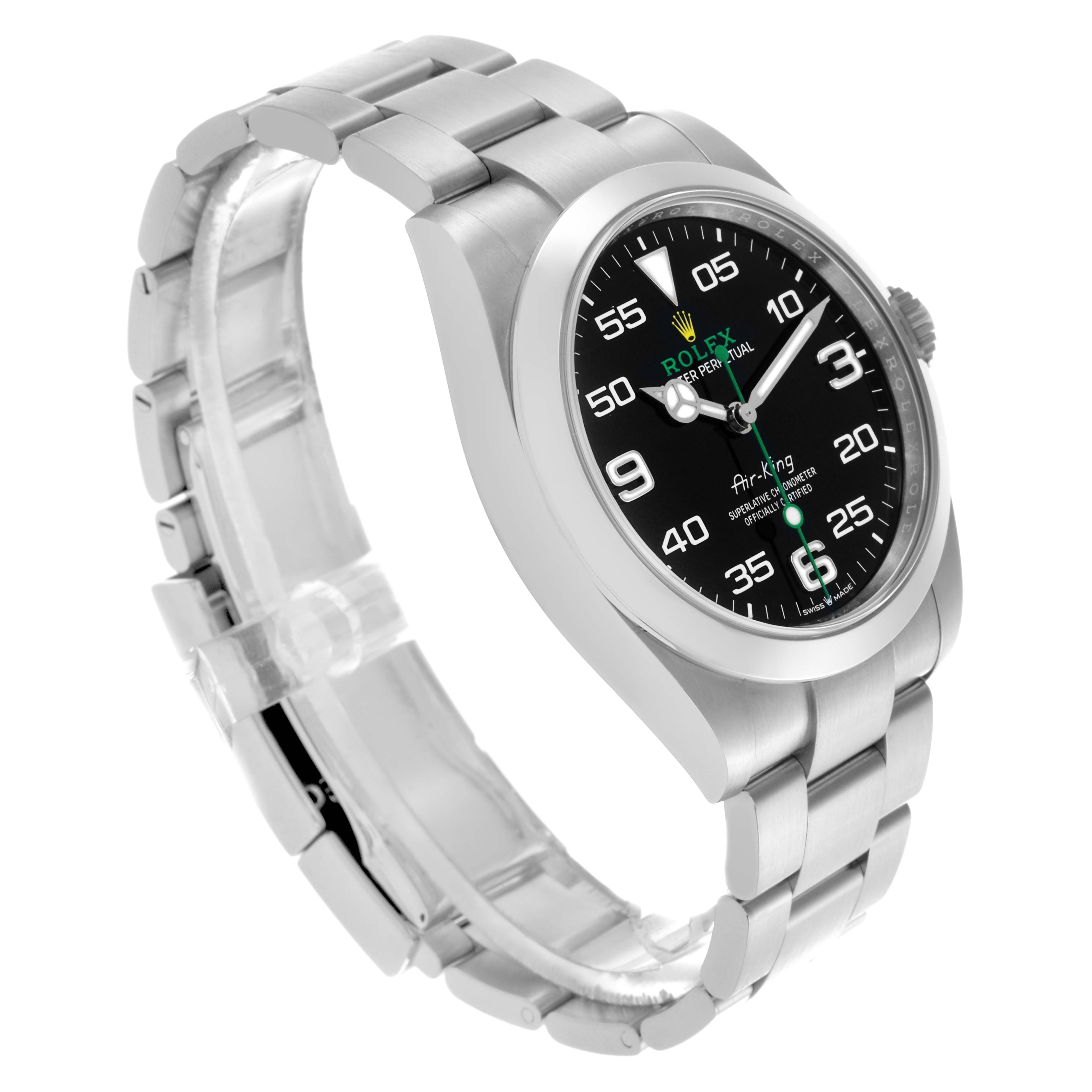 The Rolex Air-King 126900 Men's Stainless Steel Black Dial 126900 Men's Stainless Steel Black Dial watch is shown at a three-quarter angle, displaying the dial, bezel, and bracelet clearly.