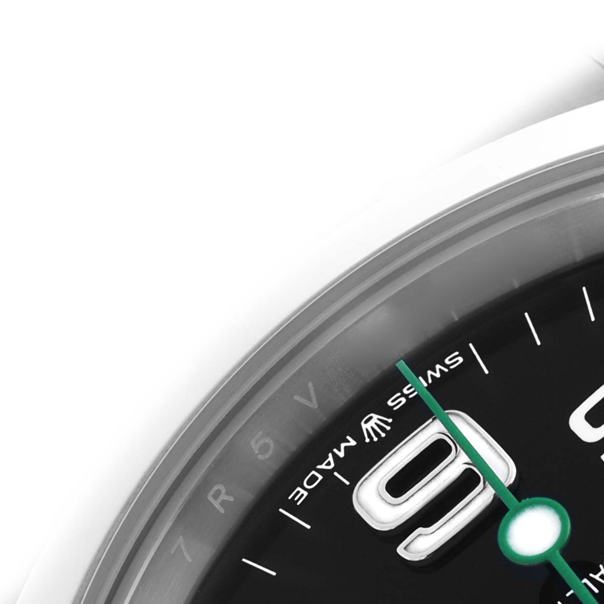 The image shows a close-up angle of the Rolex Air-King 126900 Men's Stainless Steel Black Dial 126900 Men's Stainless Steel Black Dial dial, highlighting the numeral and green second hand.