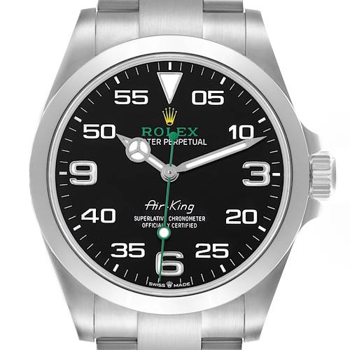 The Rolex Air-King watch is shown from a straight-on angle, displaying the face, bezel, crown, and part of the bracelet.