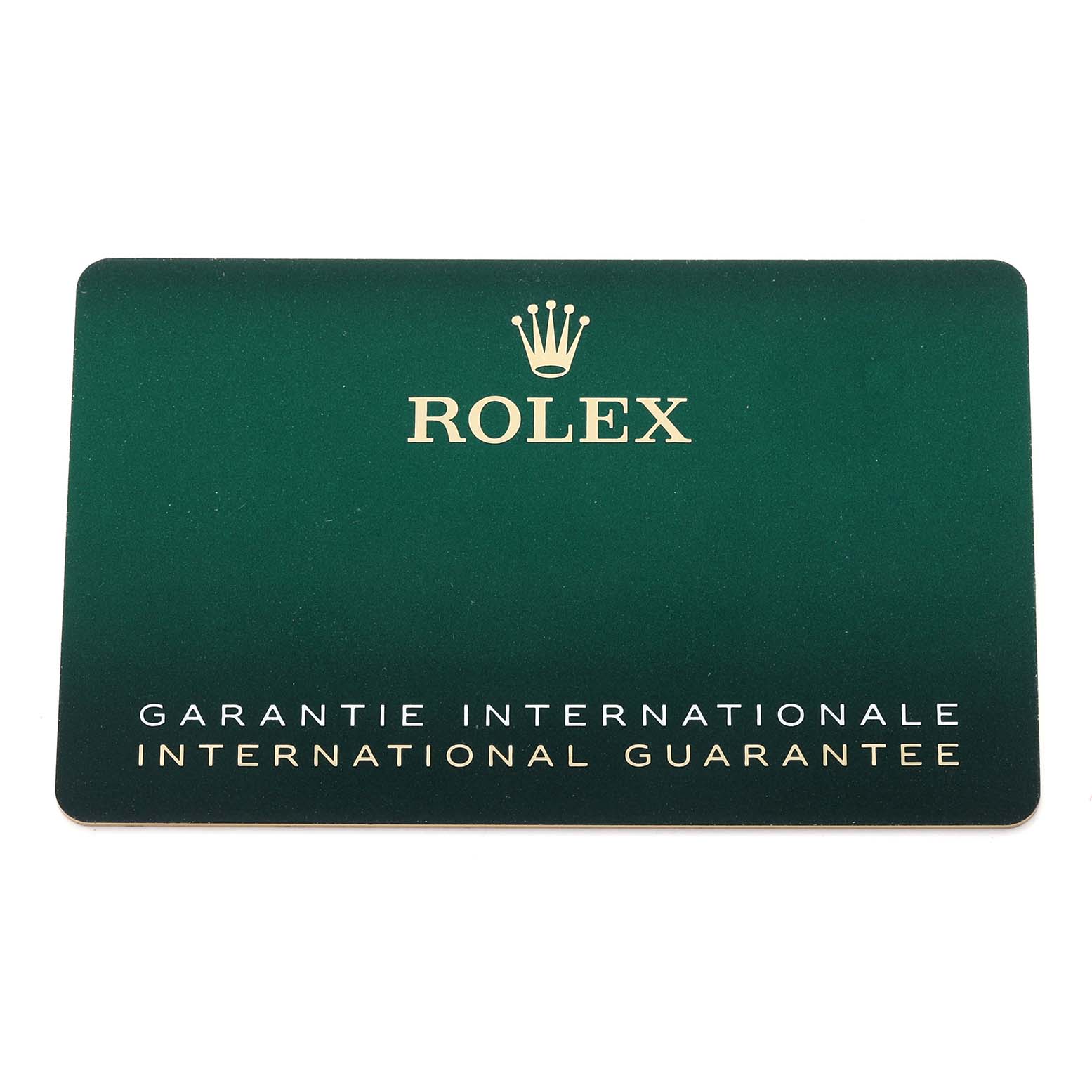 The image shows a green international guarantee card for the Rolex Air-King 126900 Men's Stainless Steel Black Dial 126900 Men's Stainless Steel Black Dial watch, featuring the brand's logo and text.