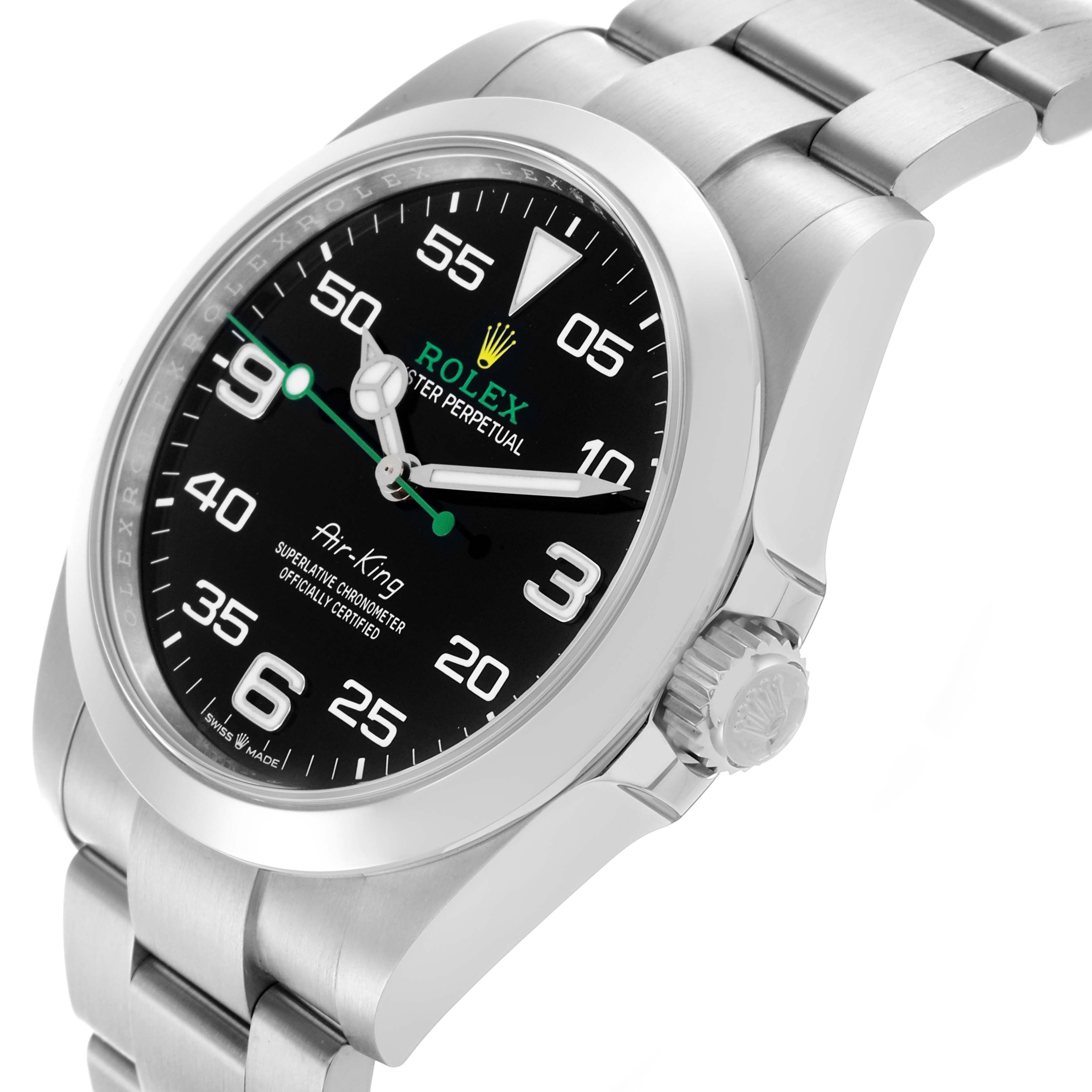 The Rolex Air-King 126900 Men's Stainless Steel Black Dial 126900 Men's Stainless Steel Black Dial watch is shown at an angled view displaying the face, bezel, crown, and part of the bracelet.