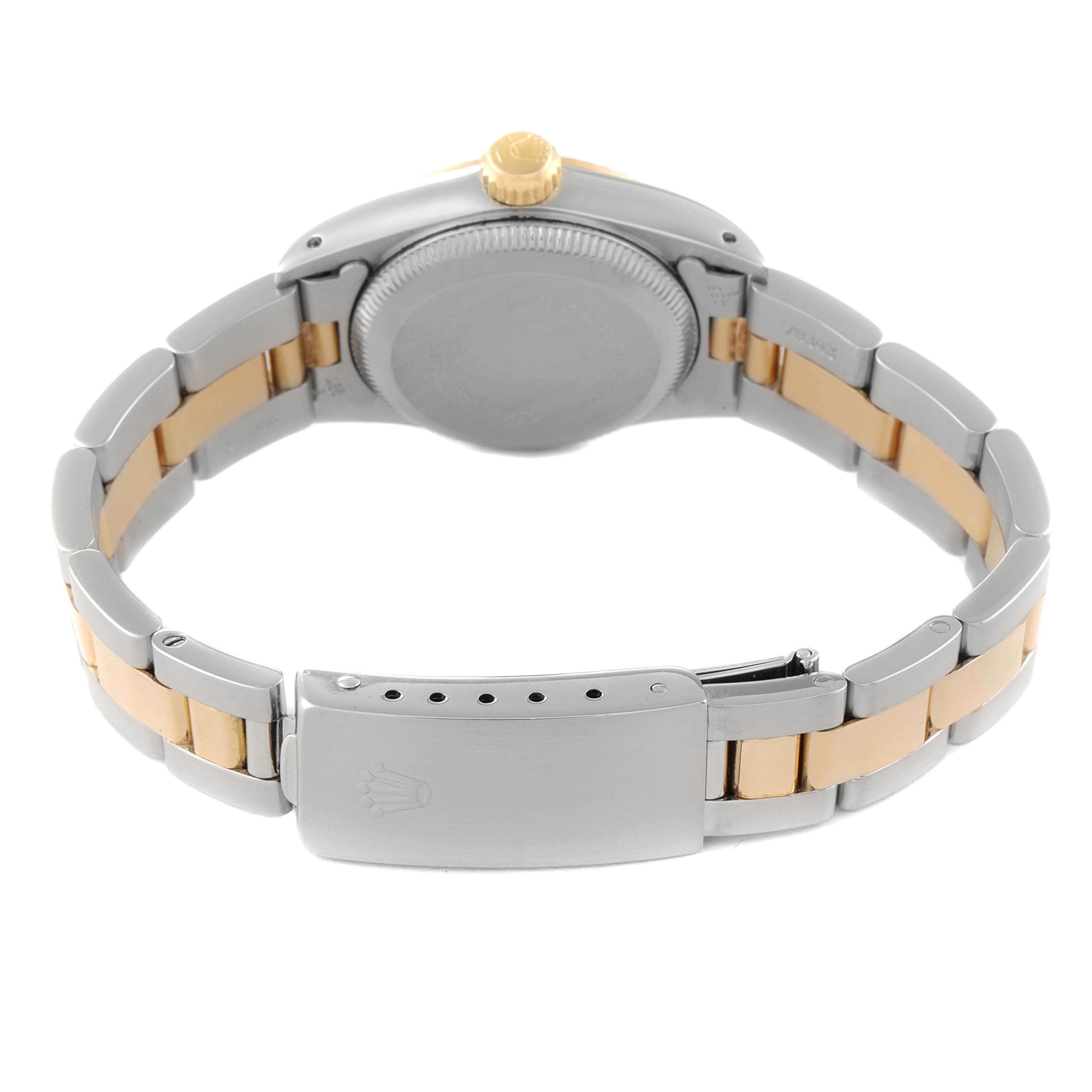 This image shows the back view of a Rolex Oyster Perpetual 67193 Women
s Steel and Gold (two tone) Champagne Dial 67193 Women
s Steel and Gold (two tone) Champagne Dial watch, highlighting the bracelet and clasp.