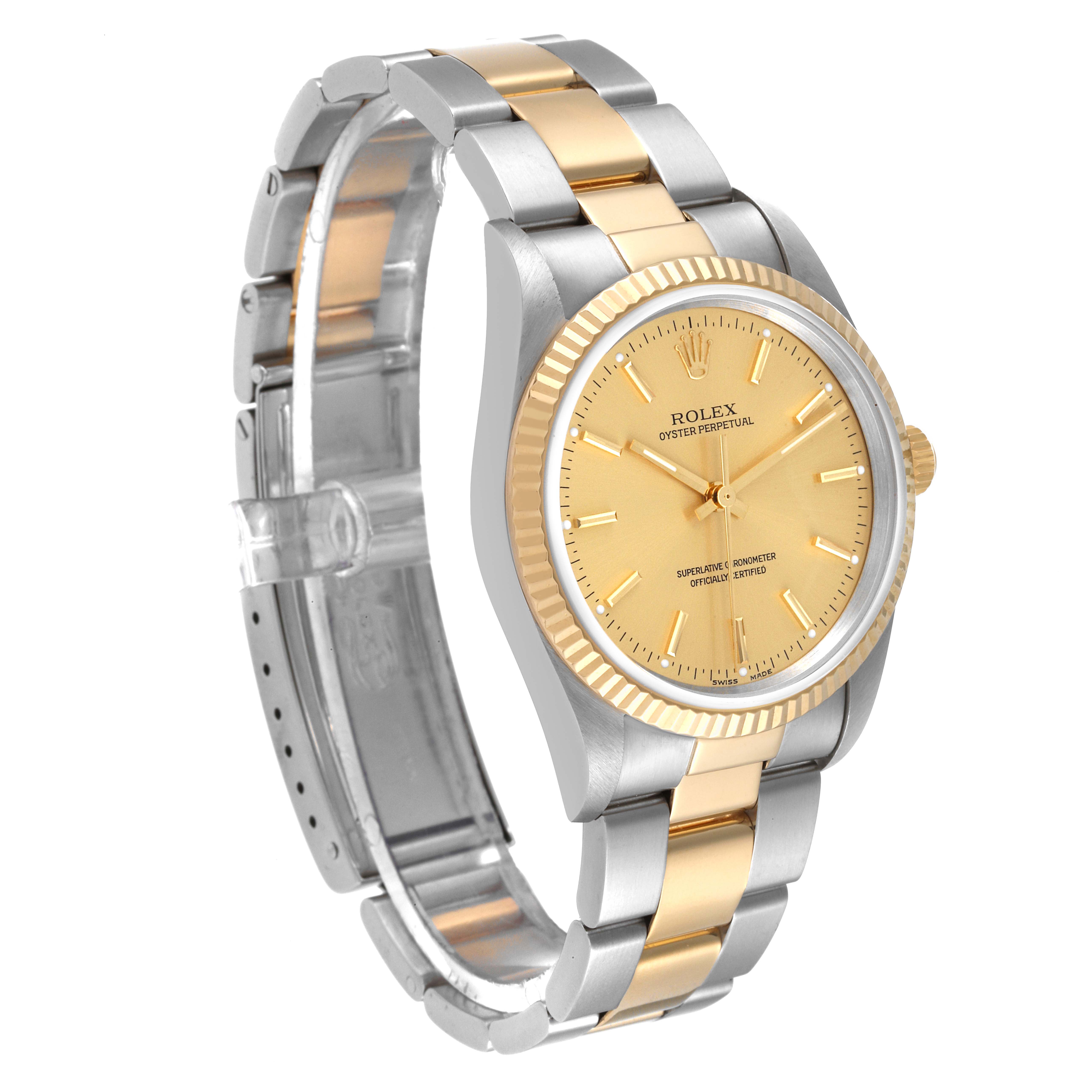 A Rolex Oyster Perpetual 14233 Men
s Steel and Gold (two tone) Champagne Dial 14233 Men
s Steel and Gold (two tone) Champagne Dial watch is shown at a three-quarter angle, displaying the dial, bezel, and two-tone bracelet.