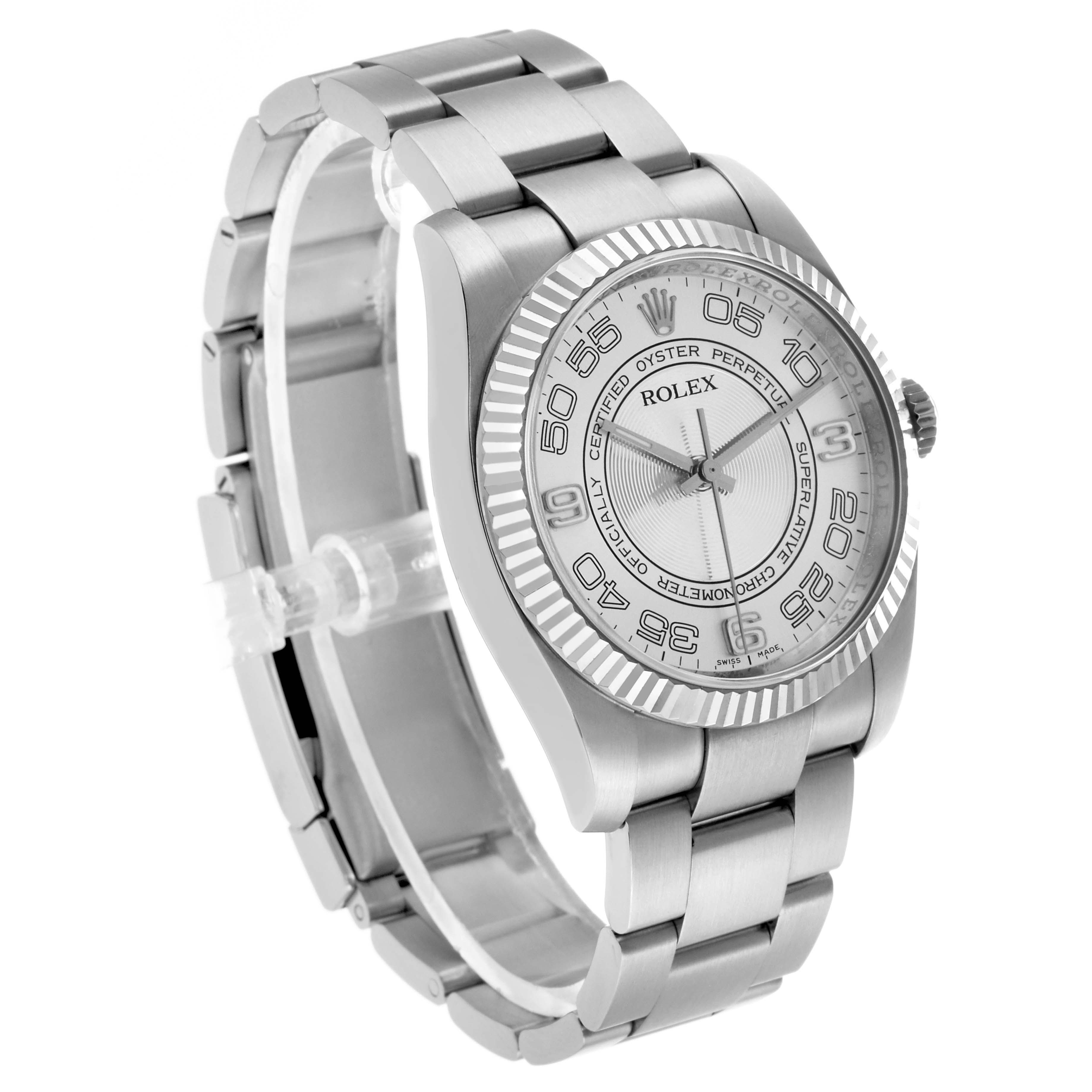 The Rolex Oyster Perpetual 116034 Men's Stainless Steel Silver Dial is shown at a three-quarter angle, displaying the dial, bezel, and bracelet.