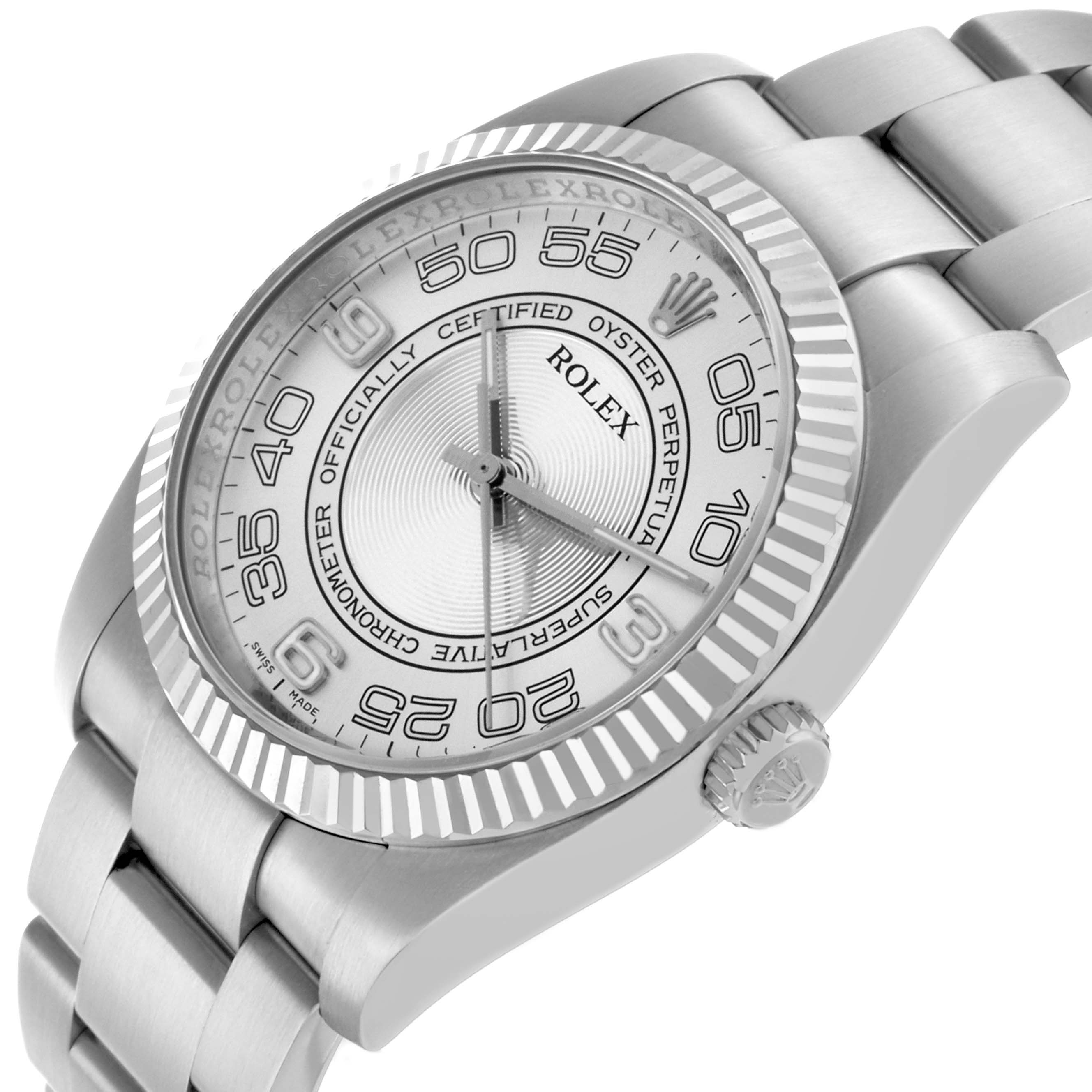 The Rolex Oyster Perpetual 116034 Men's Stainless Steel Silver Dial watch is shown at a three-quarter angle, displaying the face, bezel, and part of the bracelet.