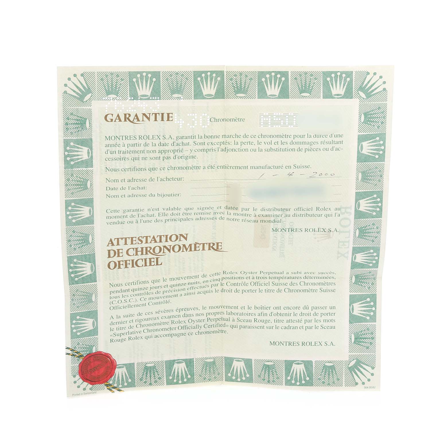 This image shows a warranty certificate for a Rolex Oyster Perpetual 76243 Women's Steel and Gold (two tone) Black Dial 76243 Women's Steel and Gold (two tone) Black Dial watch.