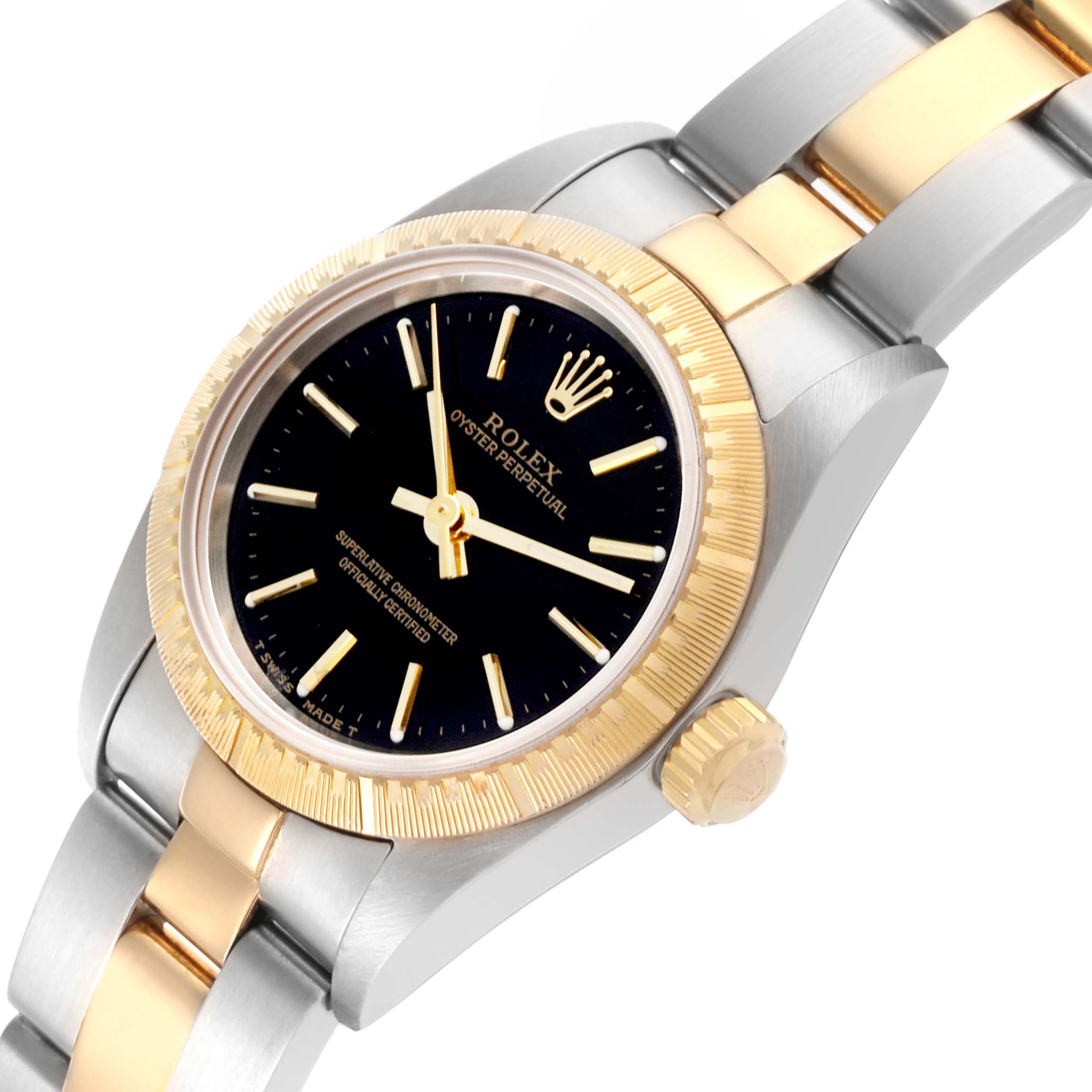 The Rolex Oyster Perpetual 76243 Women's Steel and Gold (two tone) Black Dial 76243 Women's Steel and Gold (two tone) Black Dial watch is shown at an angle displaying the bezel, dial, crown, and parts of the bracelet.