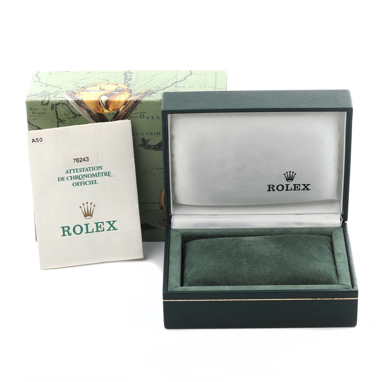 The image shows a Rolex Oyster Perpetual 76243 Women's Steel and Gold (two tone) Black Dial 76243 Women's Steel and Gold (two tone) Black Dial watch box, certificate, and outer packaging from a frontal angle.