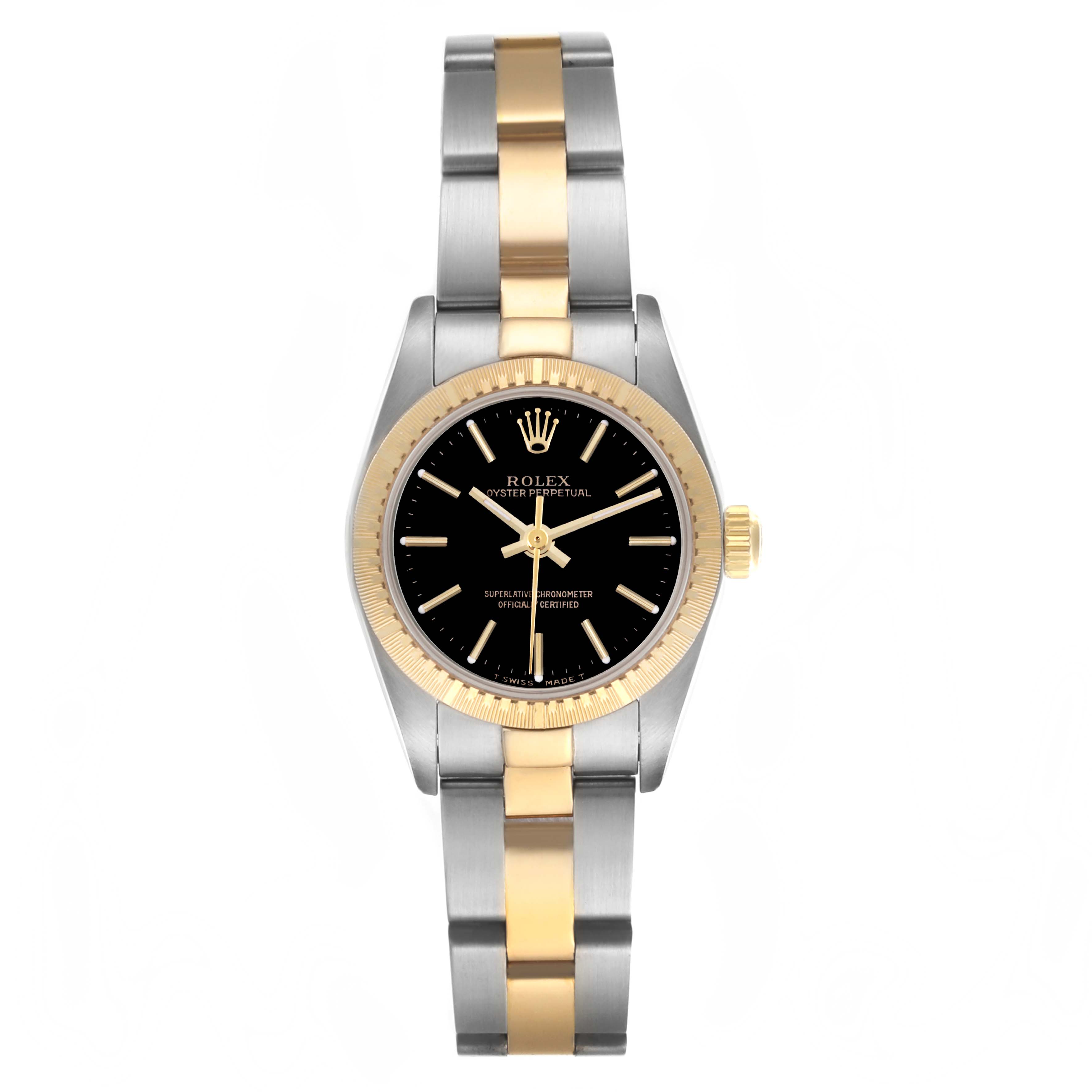 The Rolex Oyster Perpetual 76243 Women's Steel and Gold (two tone) Black Dial 76243 Women's Steel and Gold (two tone) Black Dial watch is shown from a top view, displaying its face, bezel, and full bracelet.