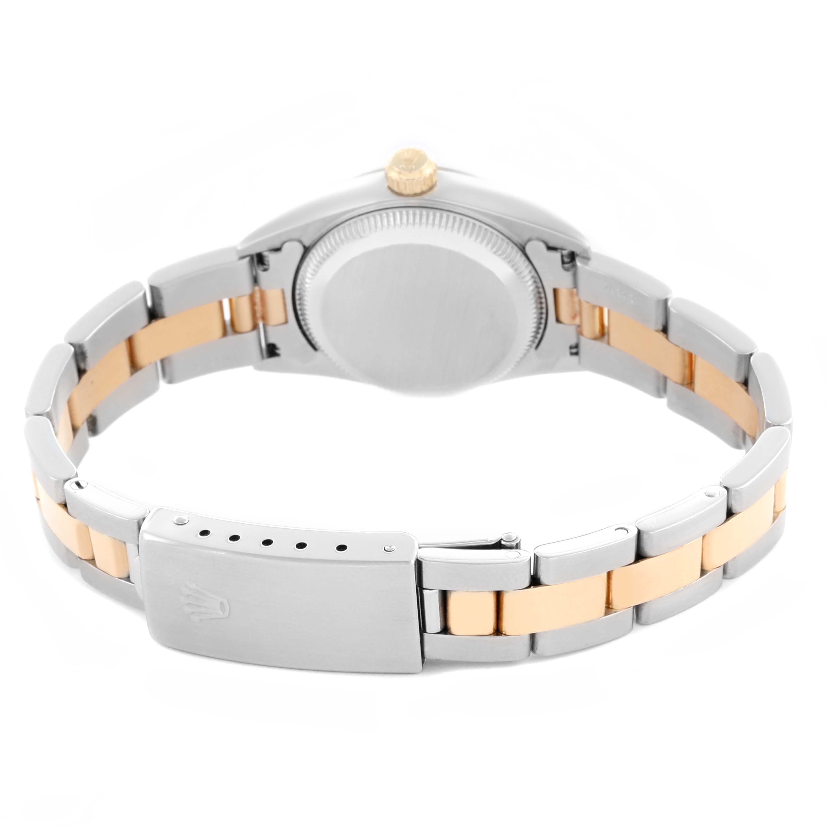 The Rolex Oyster Perpetual 76243 Women's Steel and Gold (two tone) Black Dial 76243 Women's Steel and Gold (two tone) Black Dial watch is shown from the back, highlighting the clasp and bracelet.