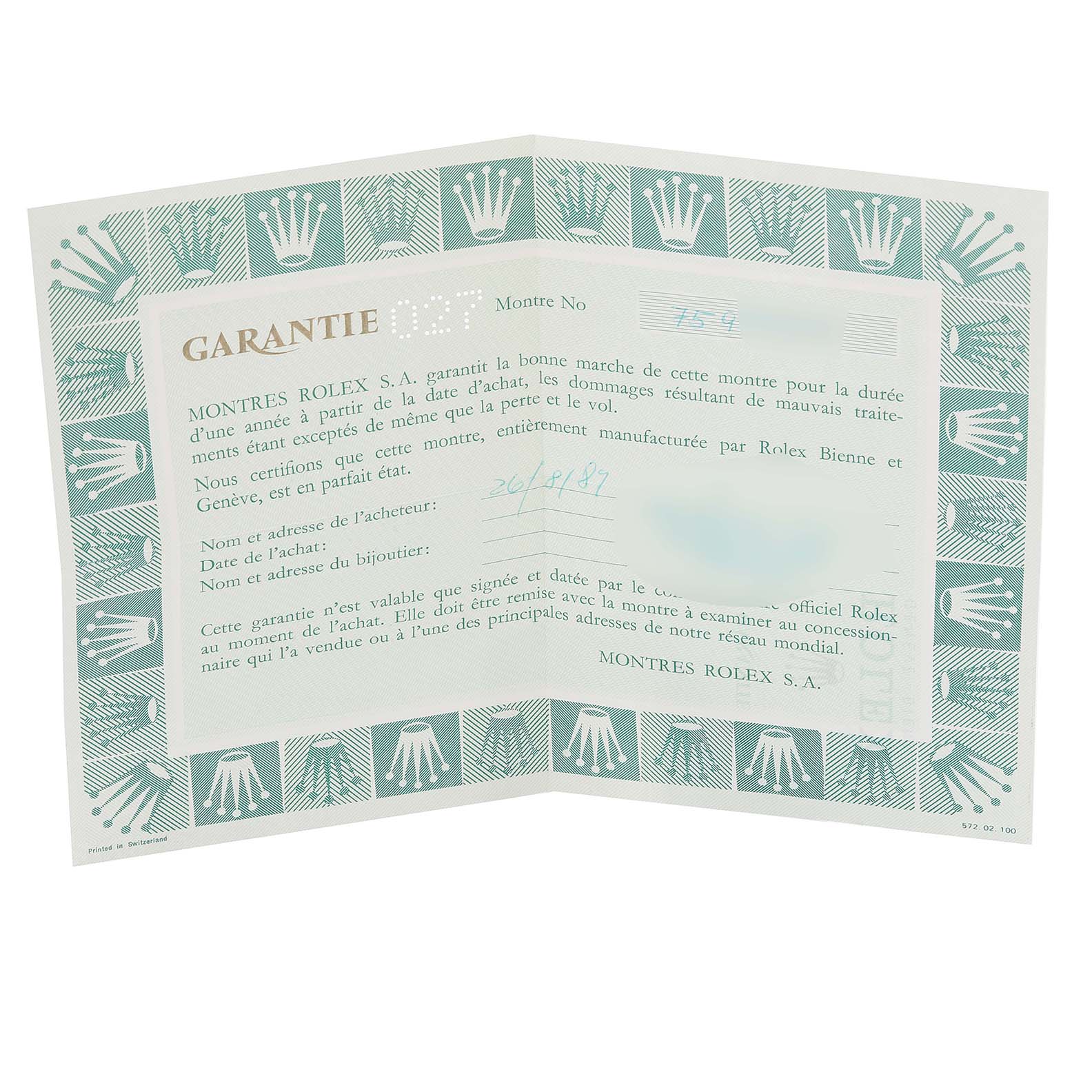 The image shows a warranty certificate for a Rolex Date 6694 Men's Stainless Steel Blue Dial 6694 Men's Stainless Steel Blue Dial model watch.