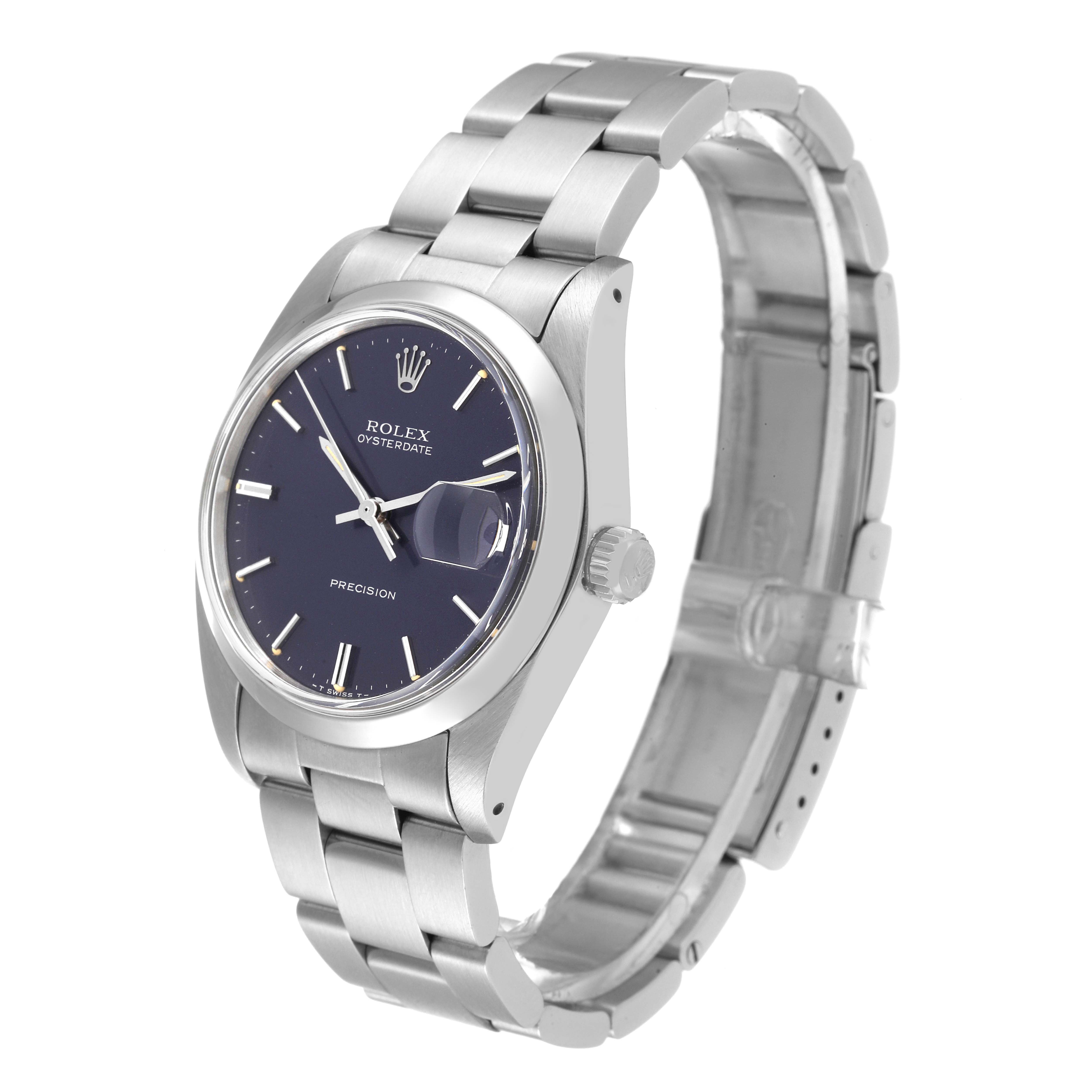 The Rolex Date 6694 Men's Stainless Steel Blue Dial 6694 Men's Stainless Steel Blue Dial model watch is shown at a three-quarter angle, displaying the face, crown, and bracelet.