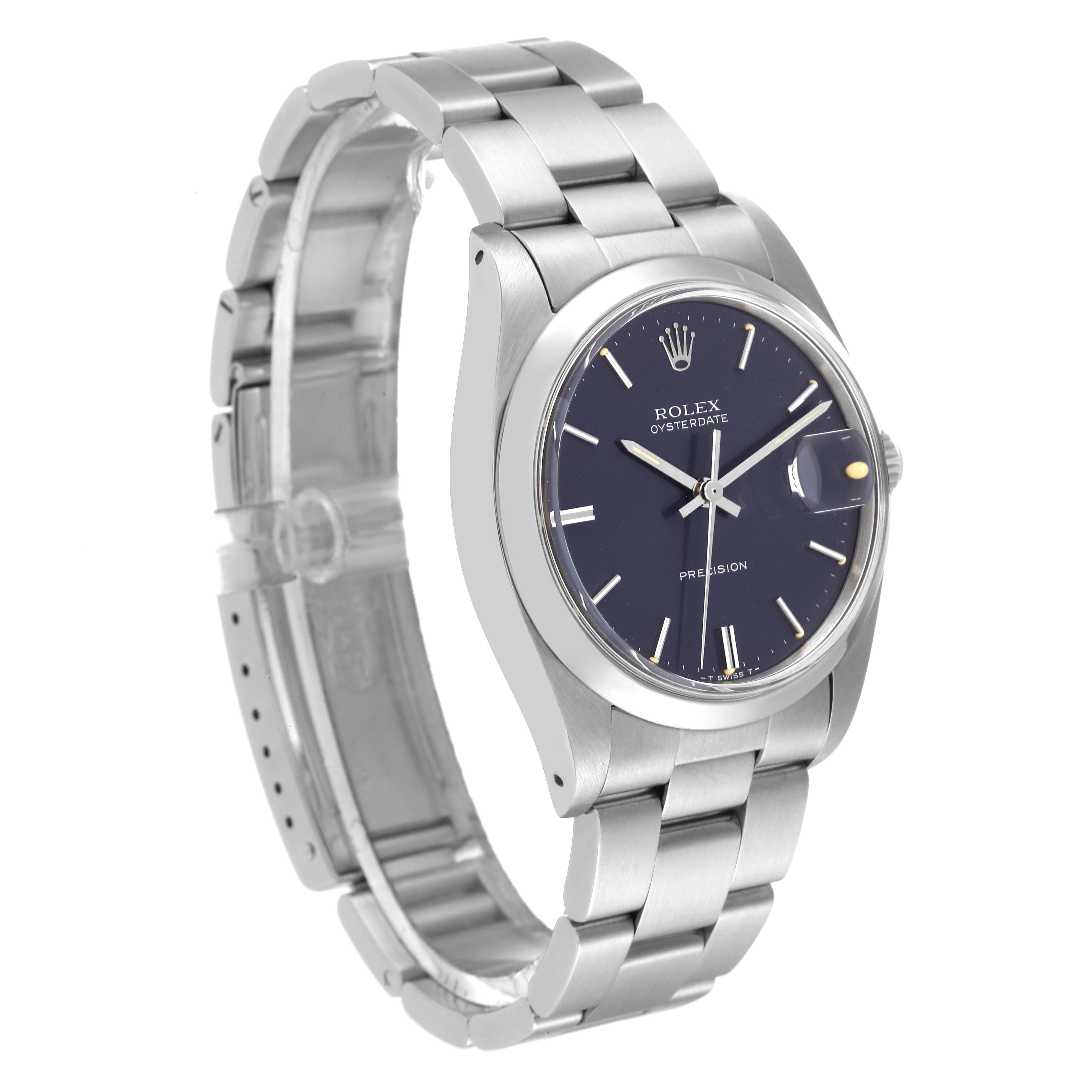 This image shows a Rolex Date 6694 Men's Stainless Steel Blue Dial 6694 Men's Stainless Steel Blue Dial model from an angled side view, displaying the watch face, bracelet, and clasp.