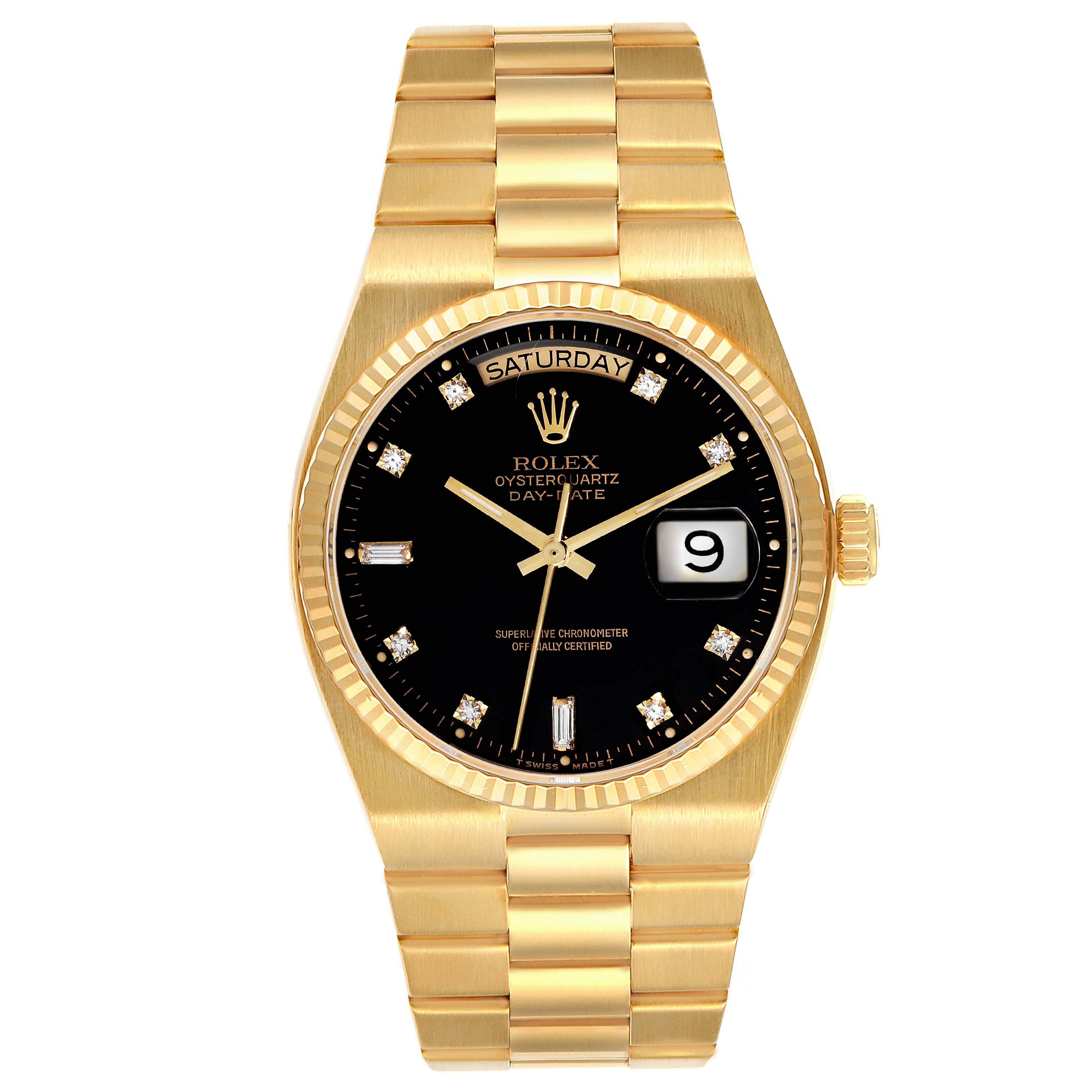 The Rolex President 19018 Men's Yellow Gold Black Dial 19018 Men's Yellow Gold Black Dial model watch is shown from a frontal angle, highlighting its gold bracelet, black dial, and day/date display.