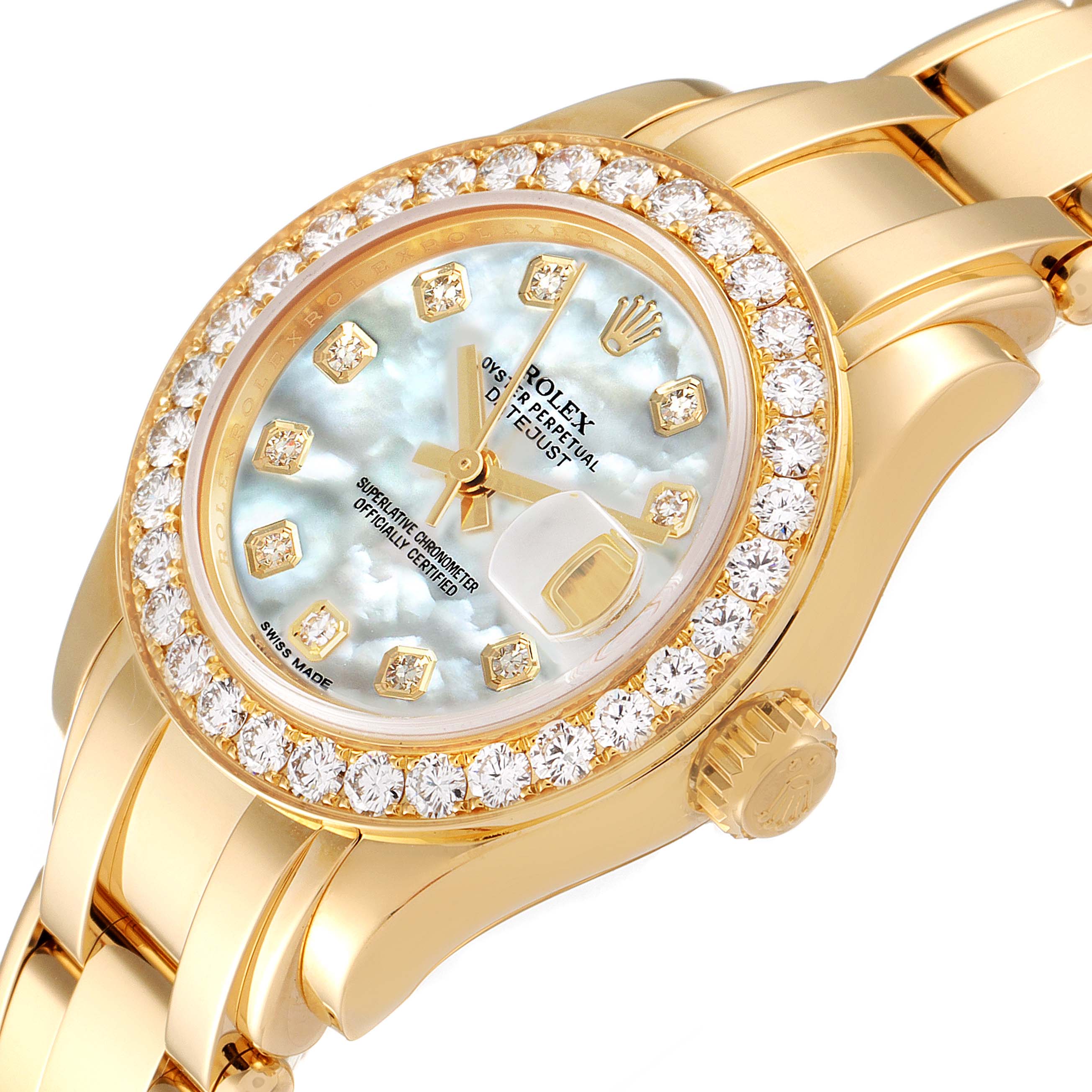The image shows a Rolex Pearlmaster 80298 Women's Yellow Gold Mother of Pearl Dial 80298 Women's Yellow Gold Mother of Pearl Dial watch, angled to display its diamond-set bezel, dial, and part of the bracelet.