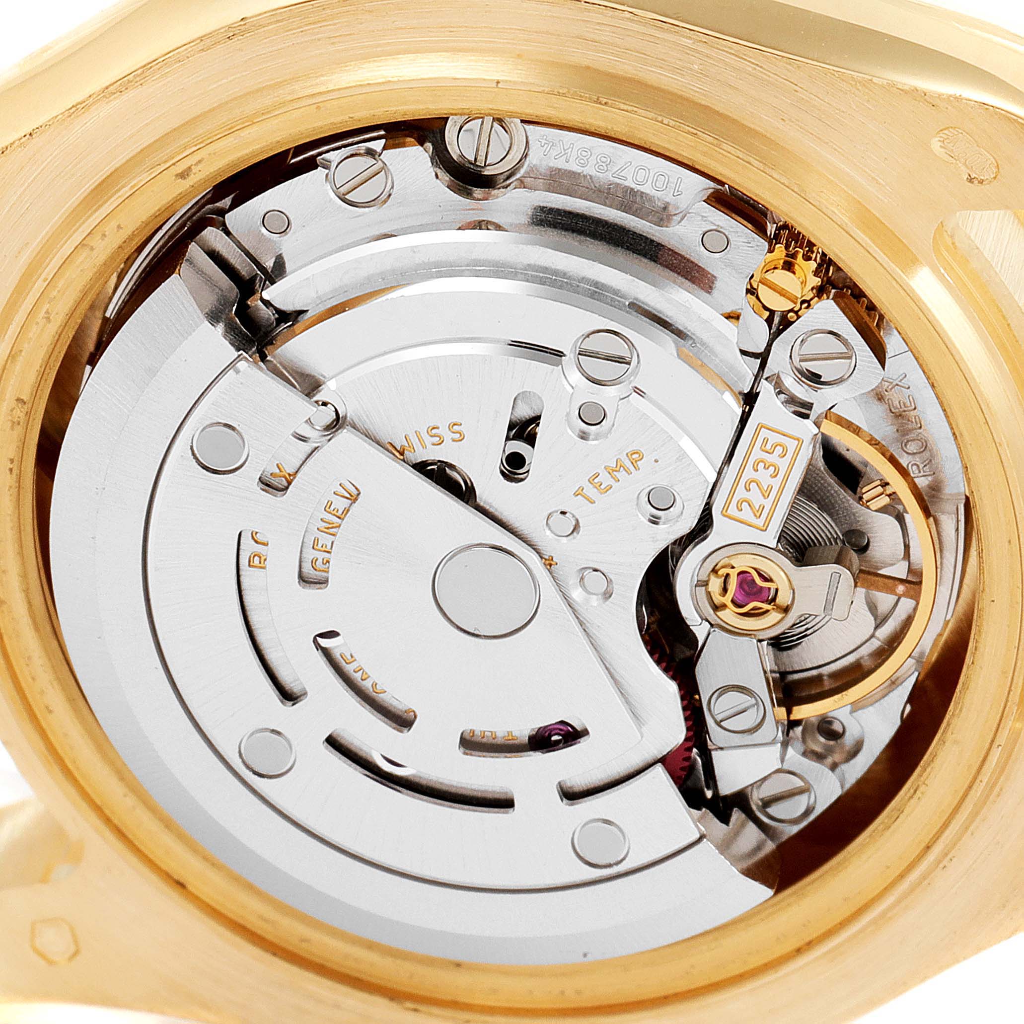 This image shows the movement mechanism of the Rolex Pearlmaster 80298 Women's Yellow Gold Mother of Pearl Dial 80298 Women's Yellow Gold Mother of Pearl Dial watch from a rear angle.